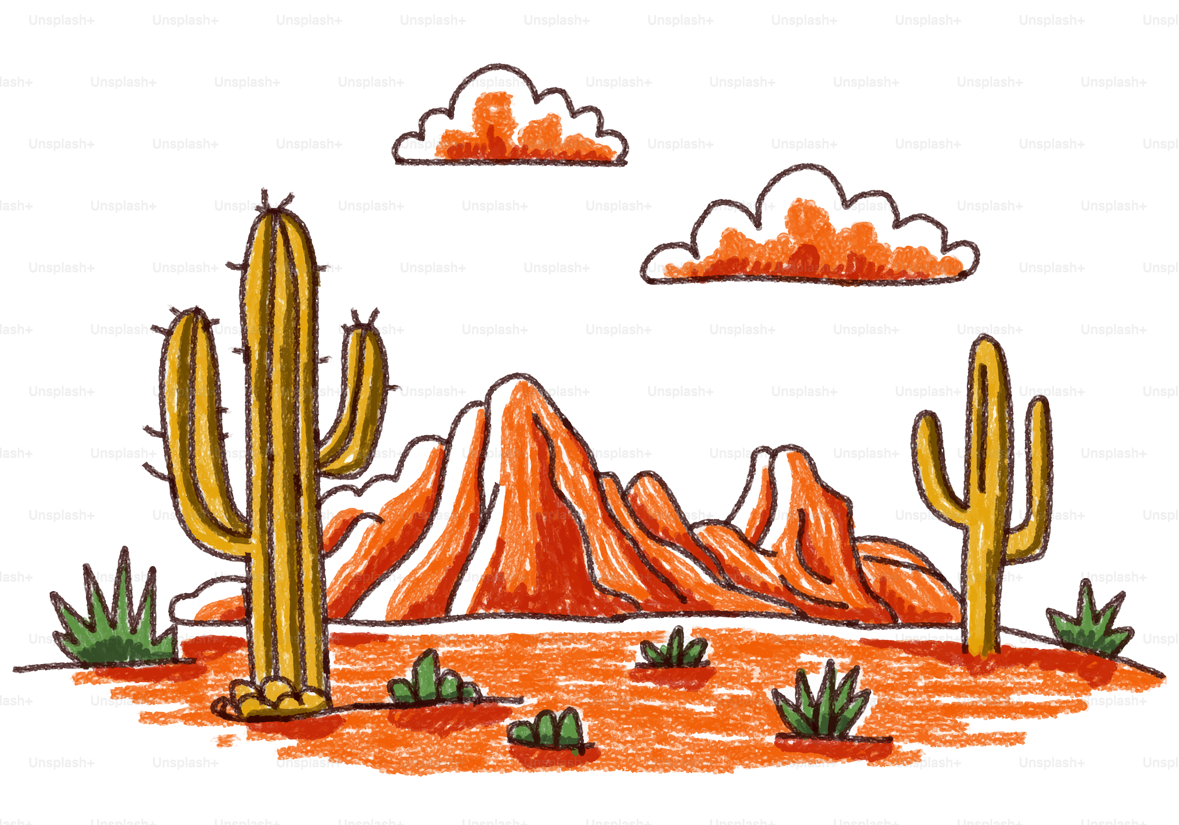 Desert landscape featuring mountains, cacti and clouds.