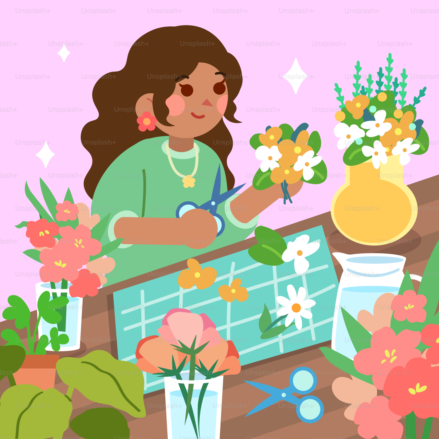 A woman arranges flowers for a beautiful bouquet.