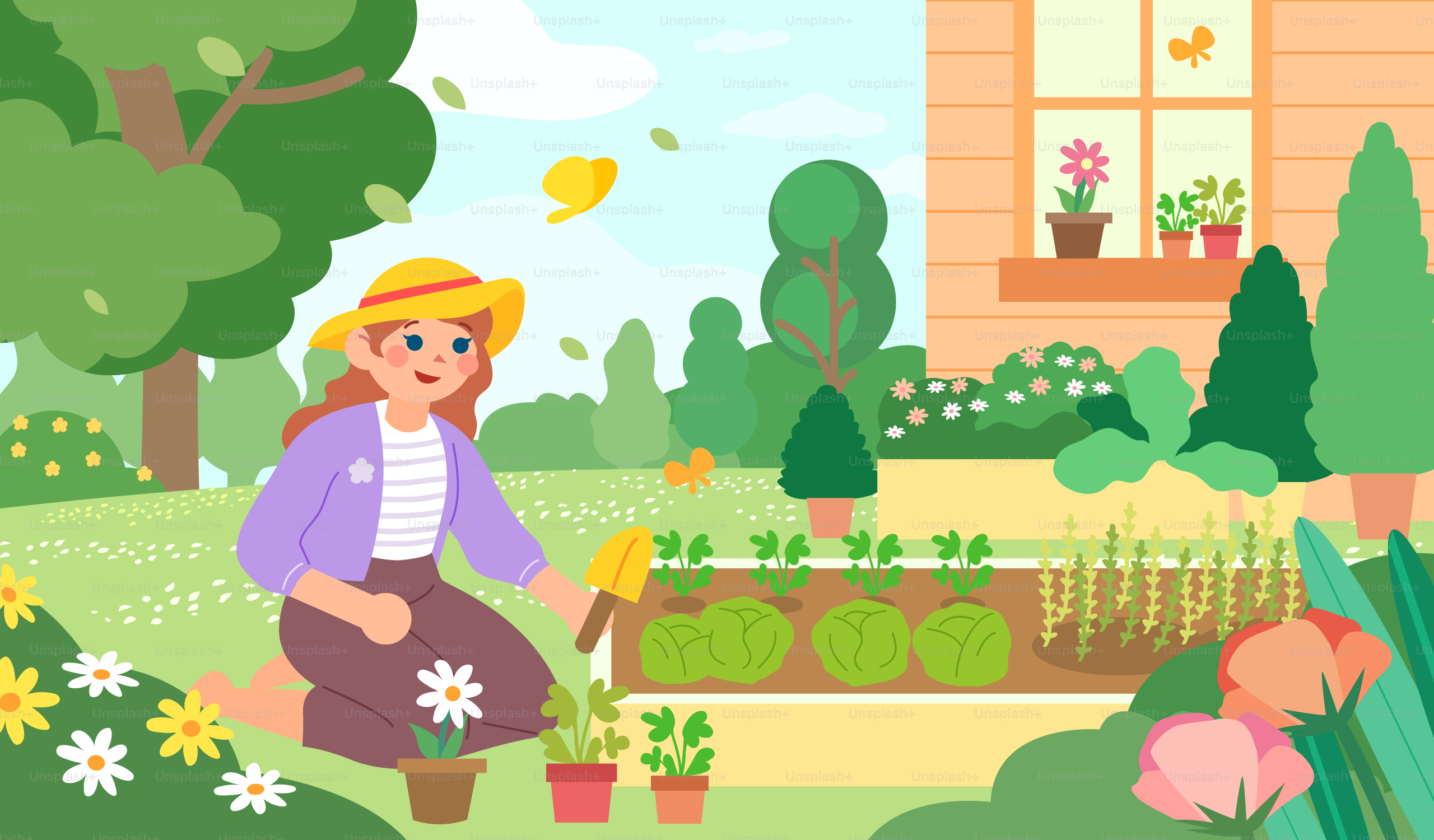 Woman tending her flowers in a lovely garden.