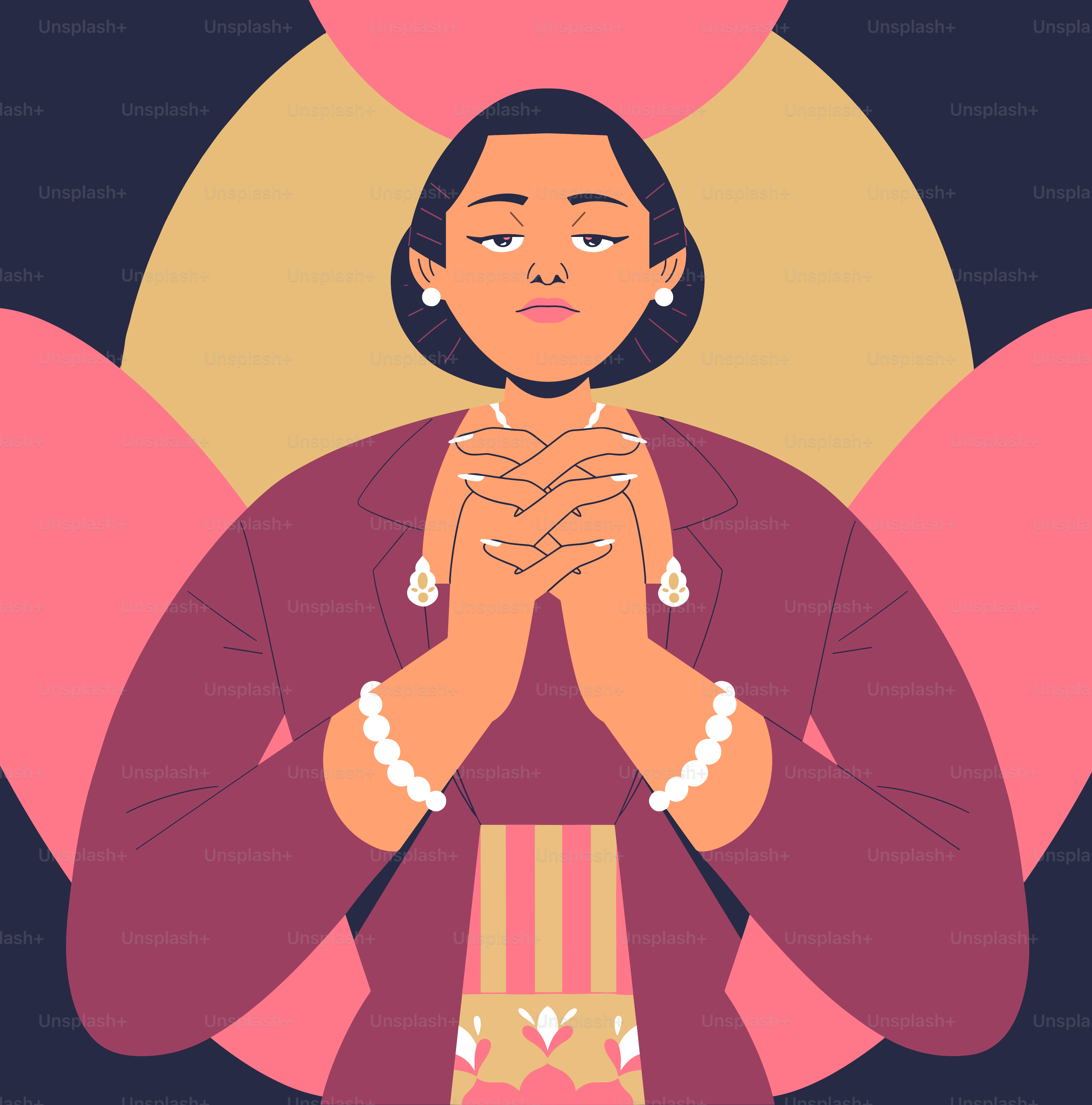 A woman in traditional clothes is praying.