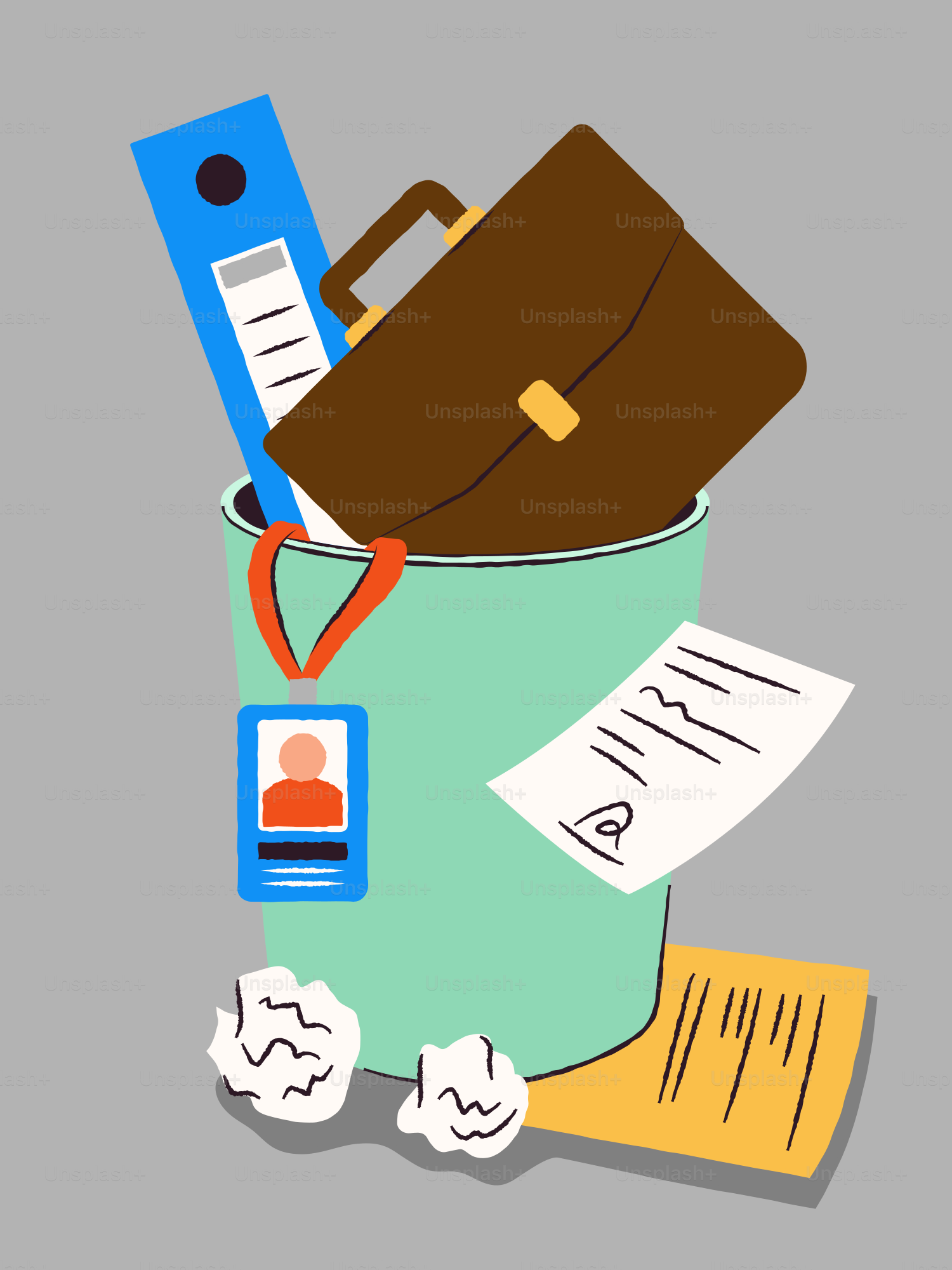 Office items thrown into the trash can.