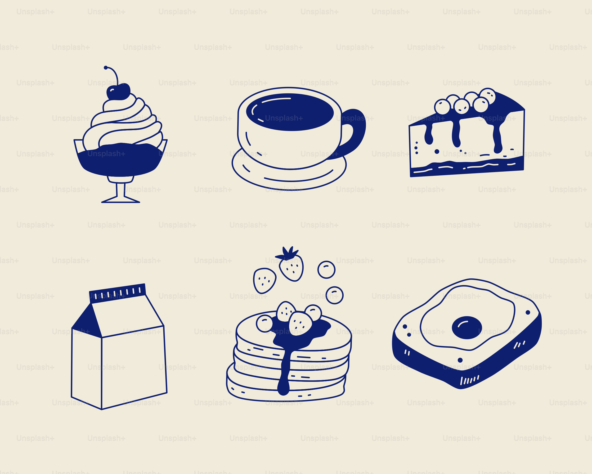 Delicious food and drinks illustrated in blue.