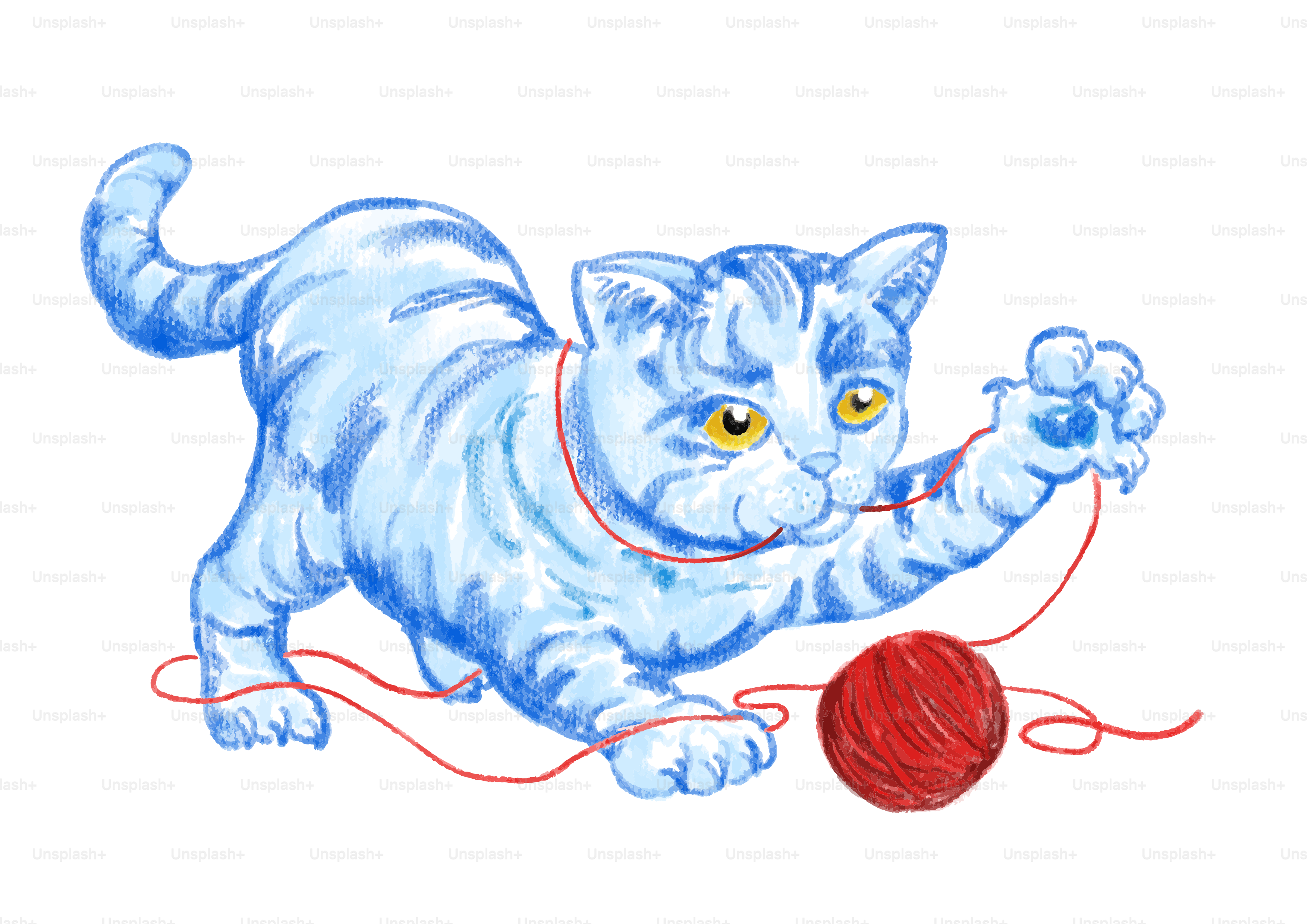 A blue cat plays with red yarn.