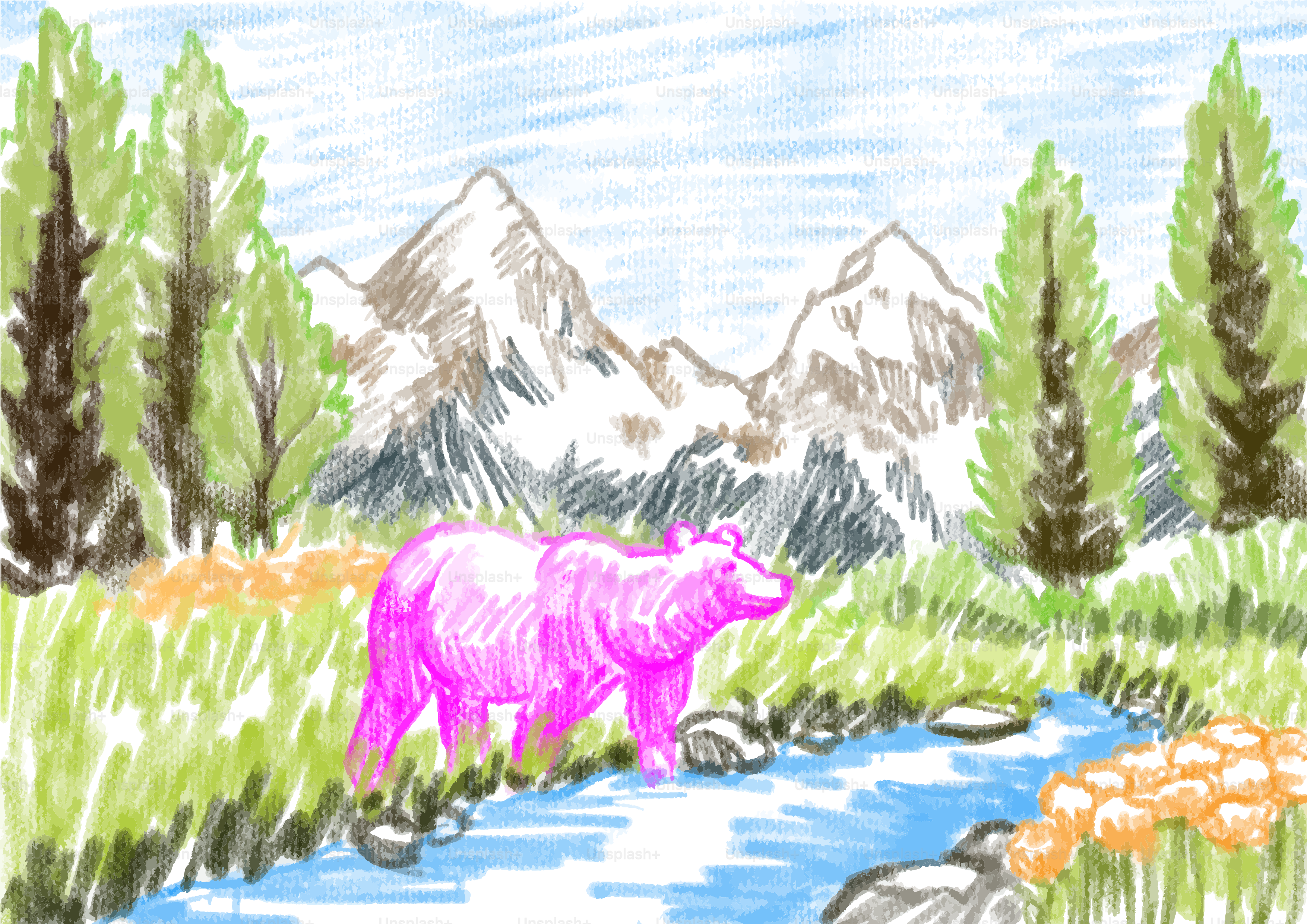 A pink bear walks along a river.