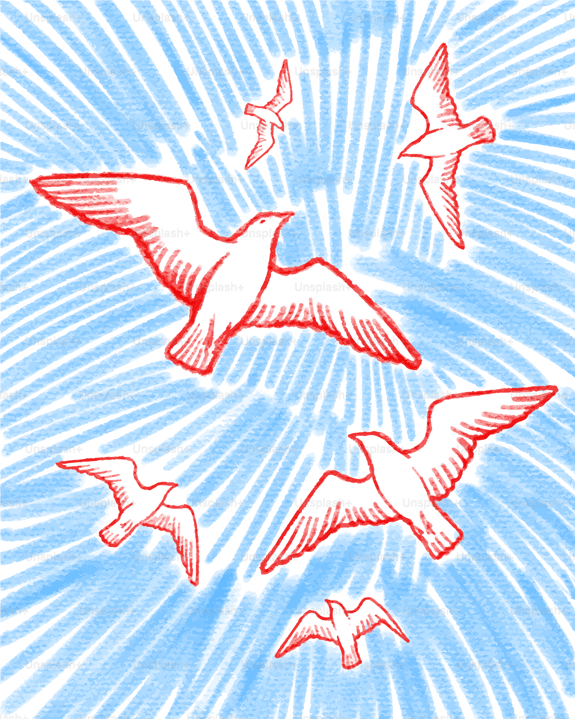 Birds are flying in a blue, sunny sky.