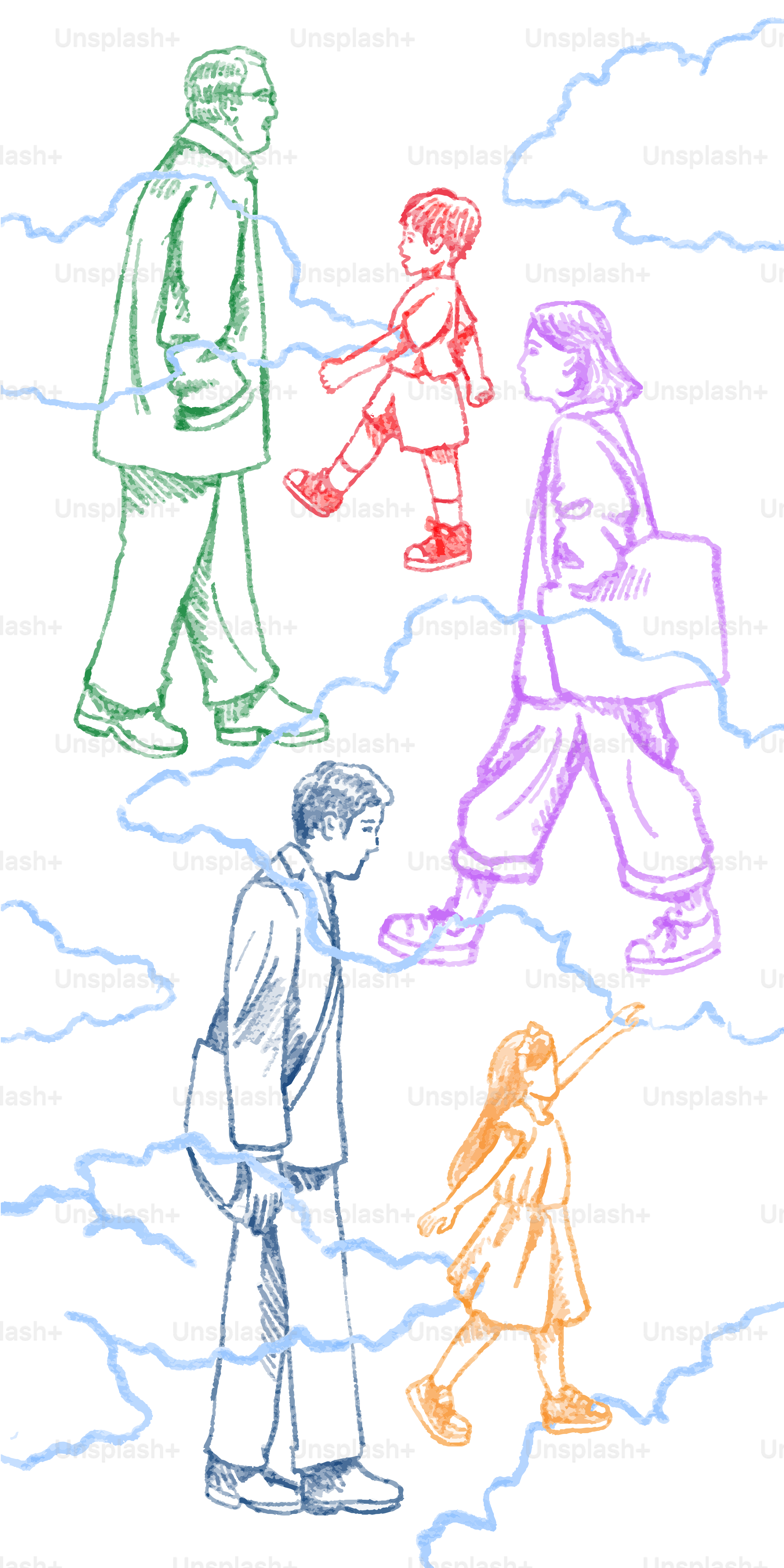 Menschen, die auf Wolken laufen und die Hände unten.