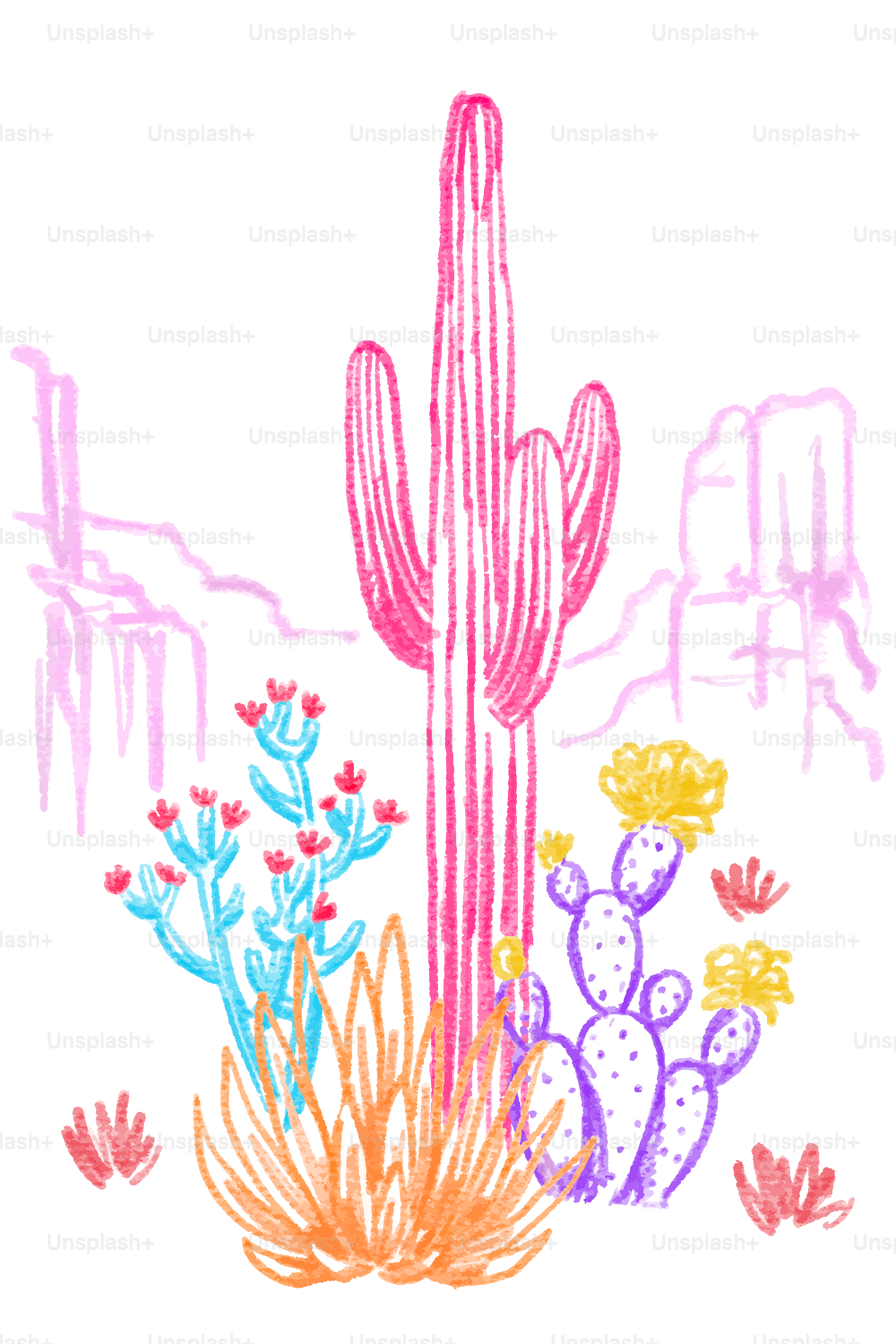 Colorful cacti stand in the desert landscape.