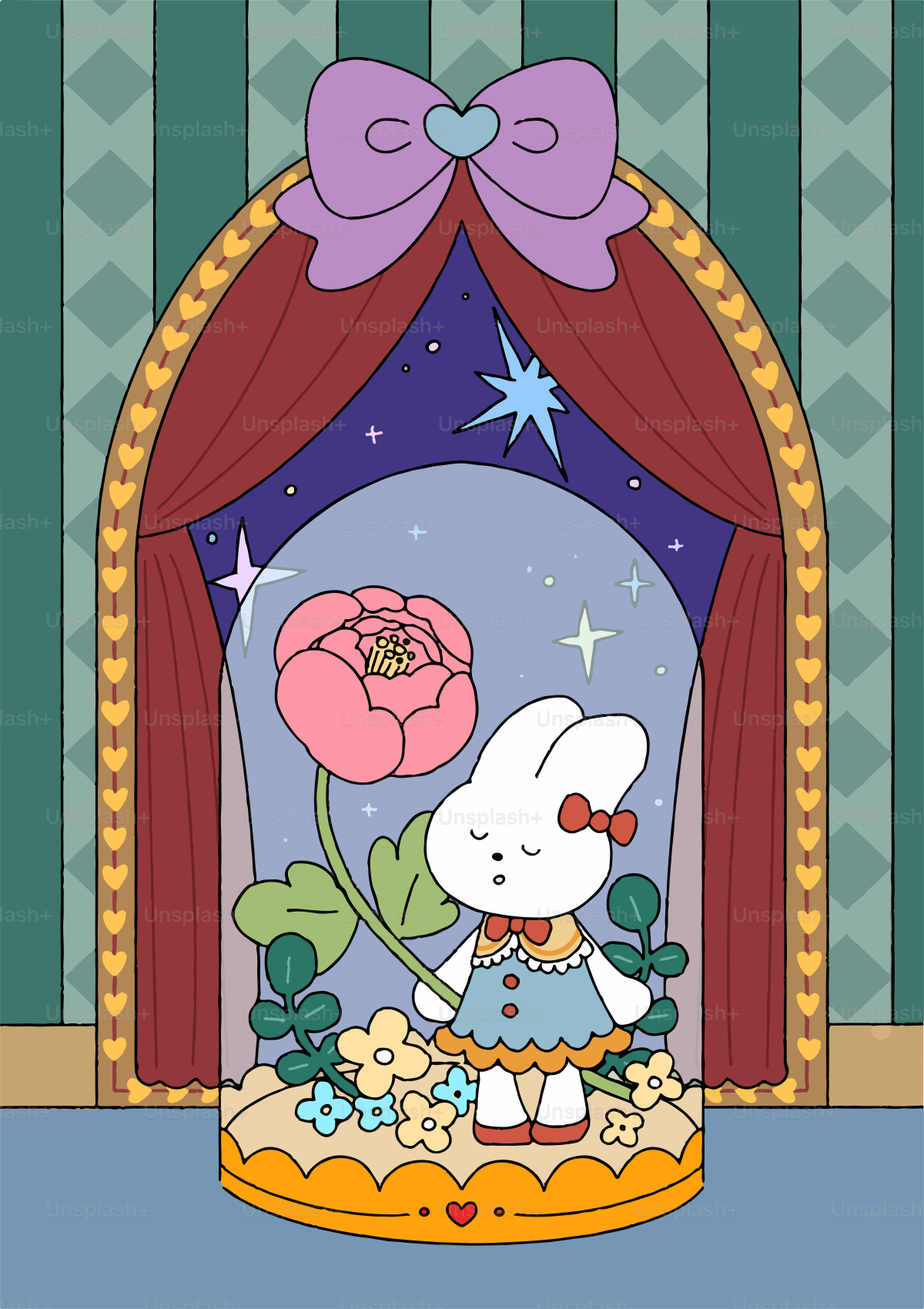 A cute bunny admires a rose under a dome.