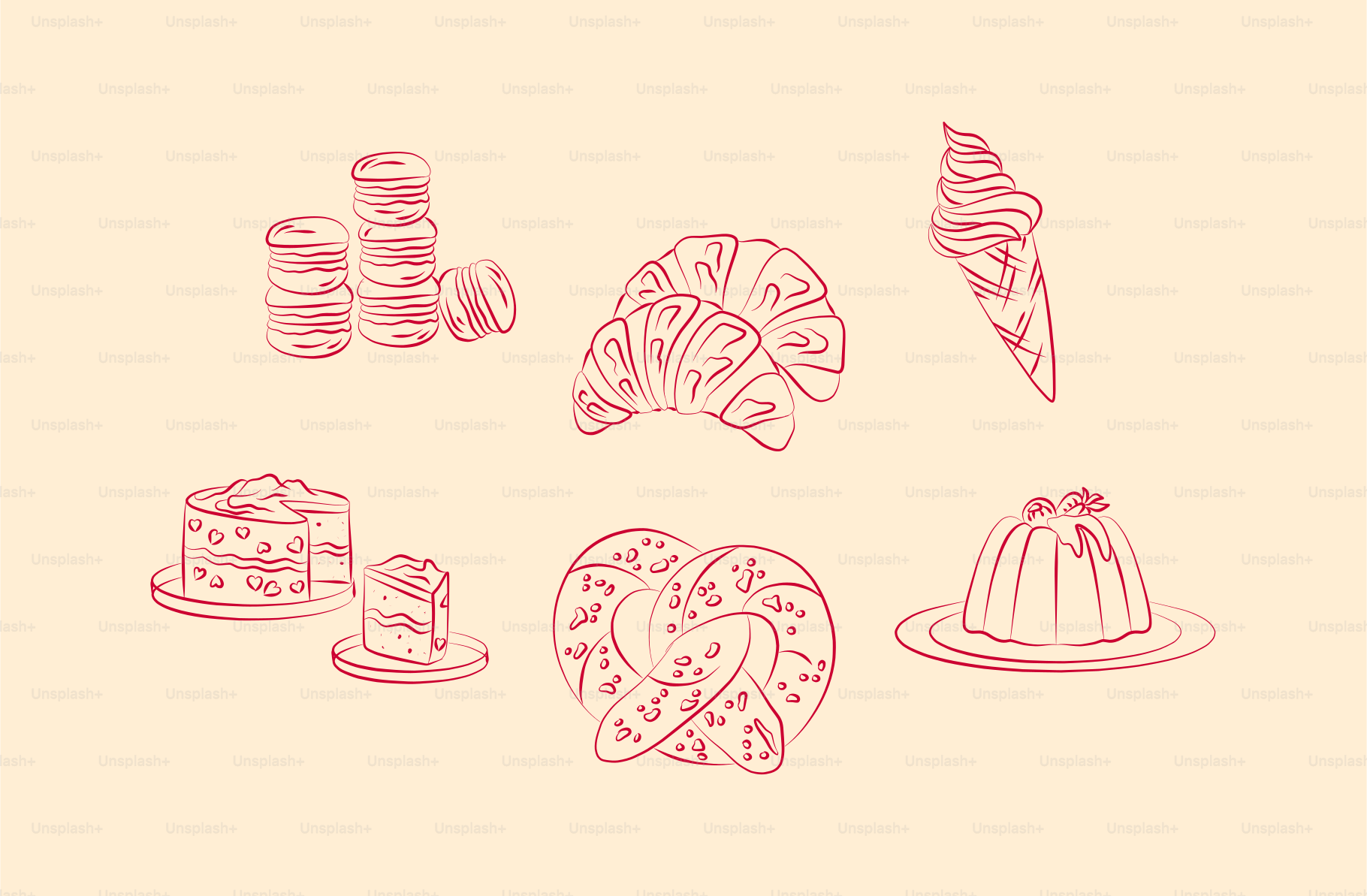 Skizzen verschiedener Desserts sind dargestellt.