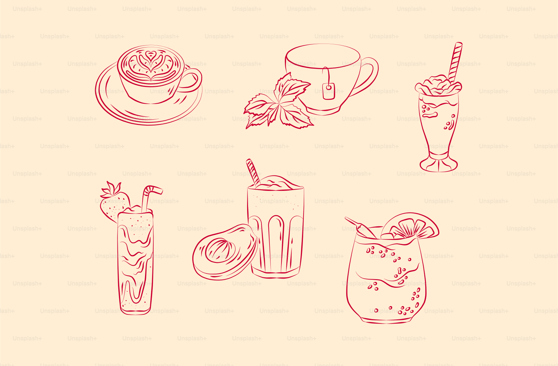 Croquis de divers cocktails et boissons.