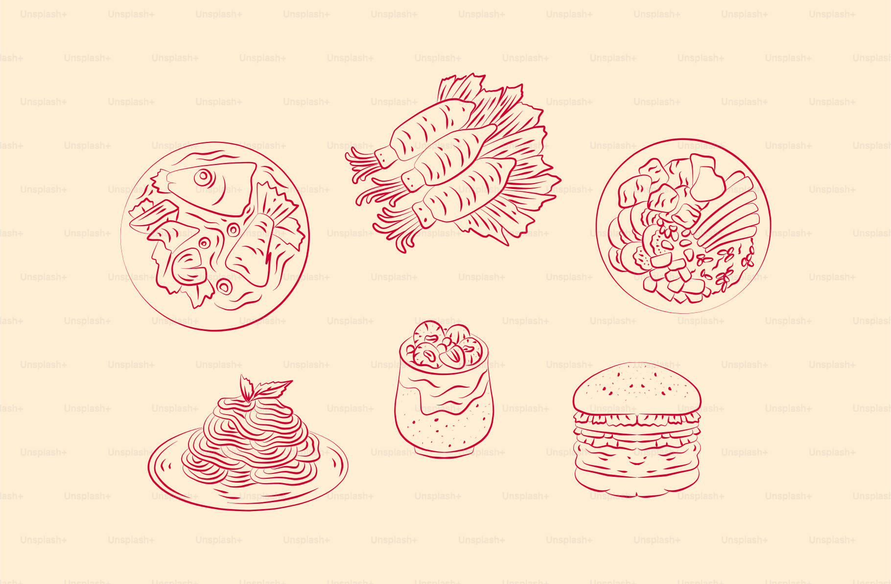 Food sketches, including seafood and burgers.