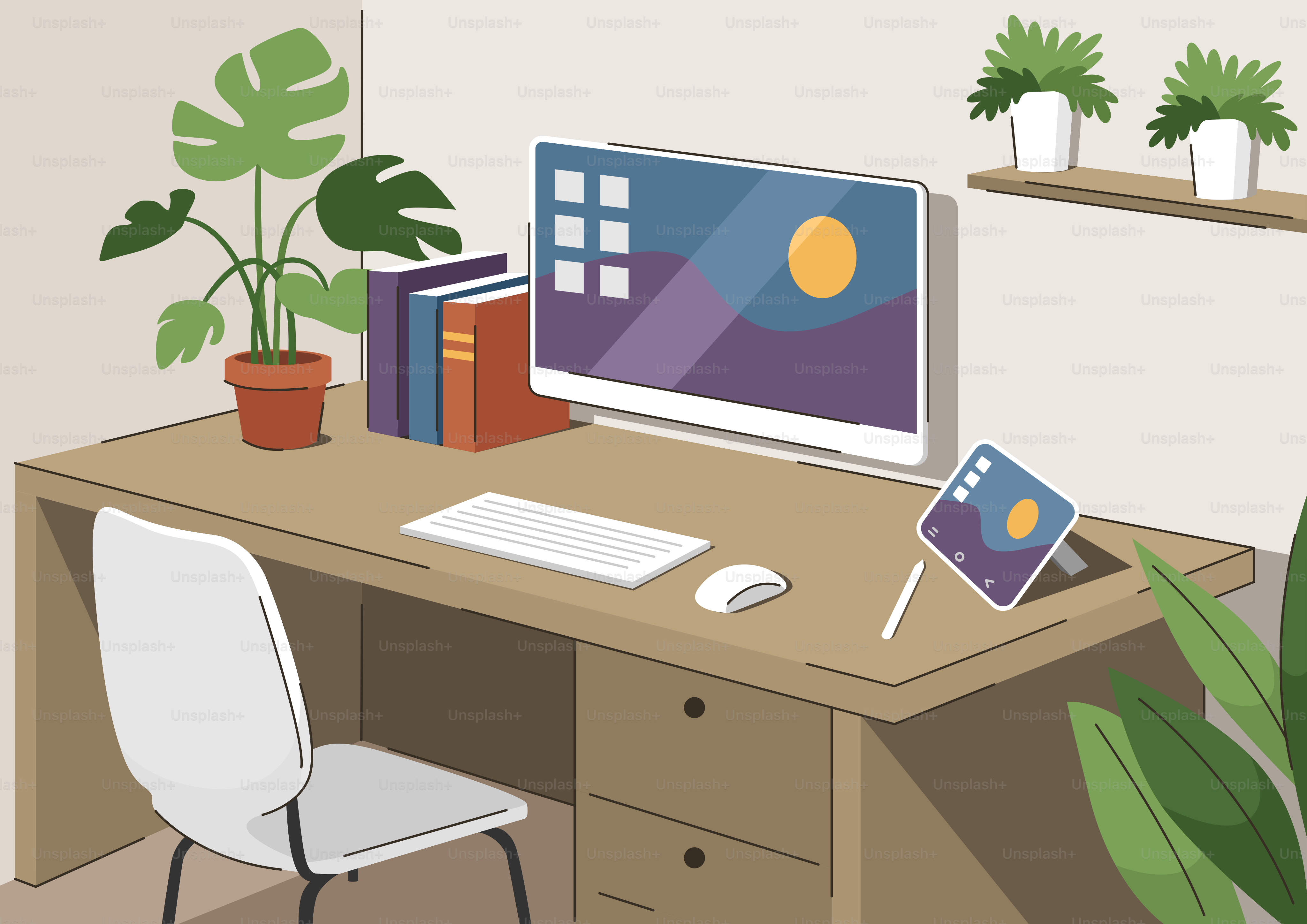 Un bureau à domicile avec des plantes et un ordinateur.