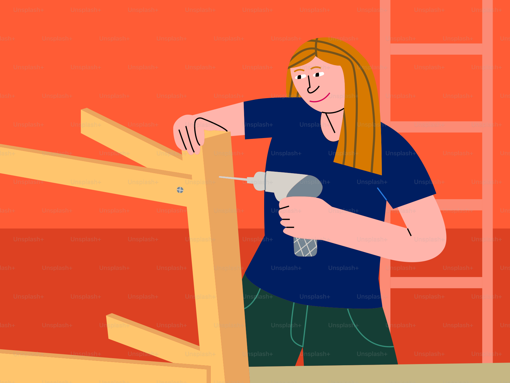 A woman uses a drill to build furniture.
