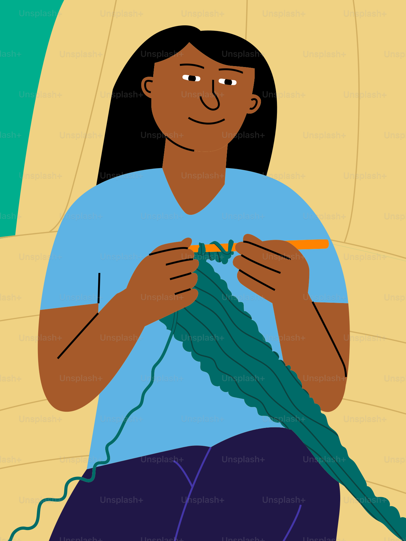 Woman is crocheting with green yarn.
