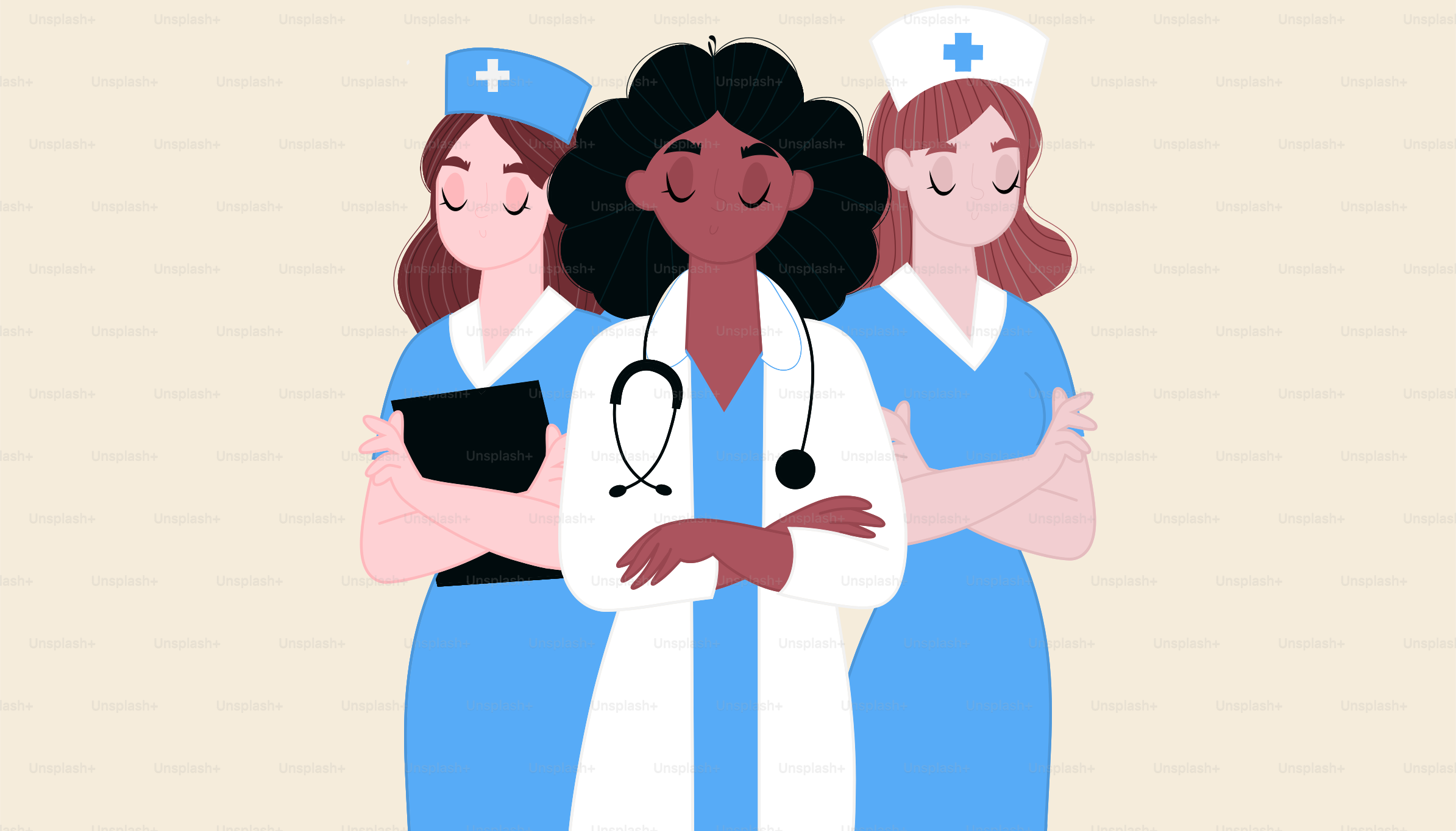 Doctors and nurses standing proudly.