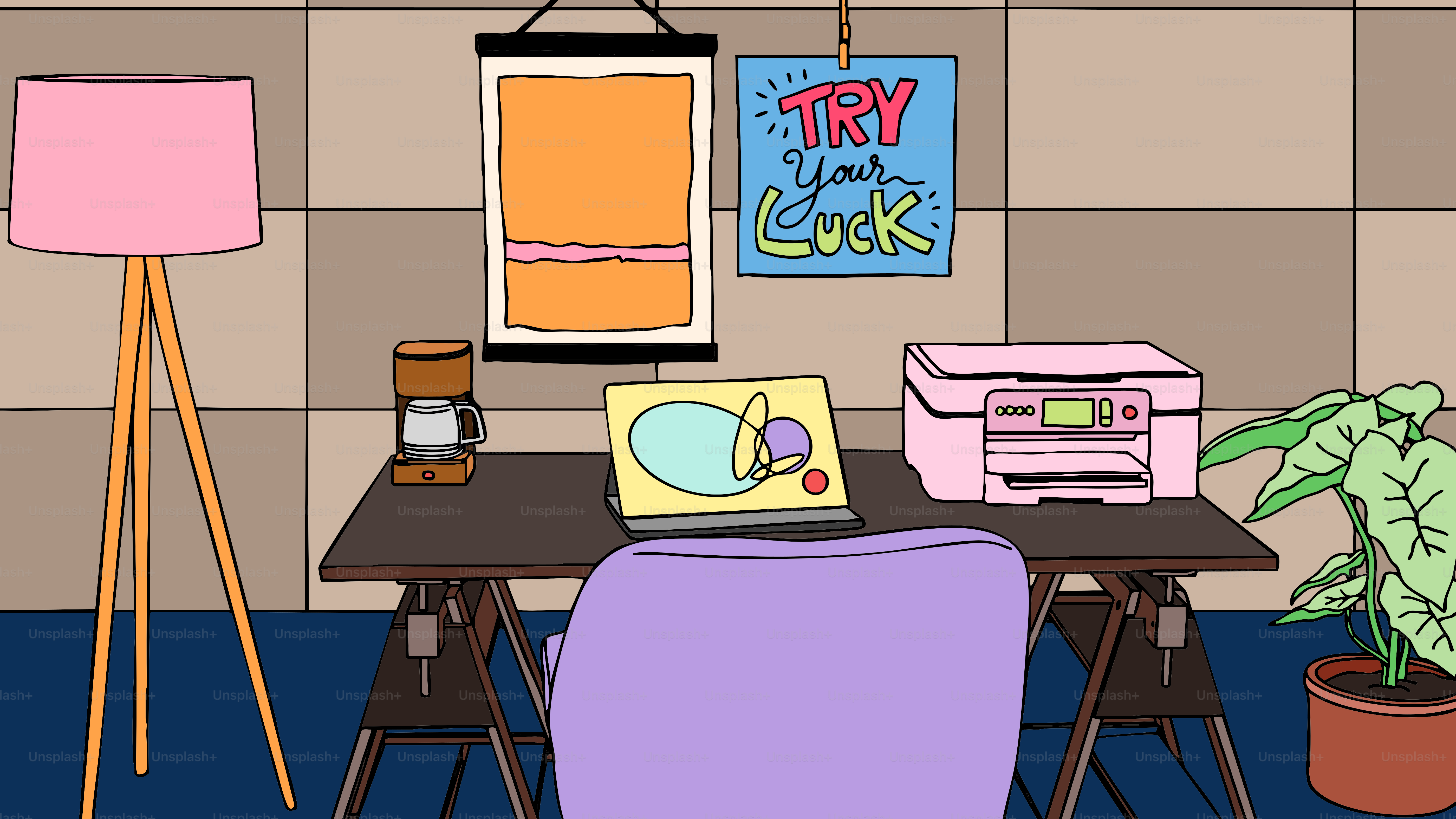 A cozy workspace is pictured with art.