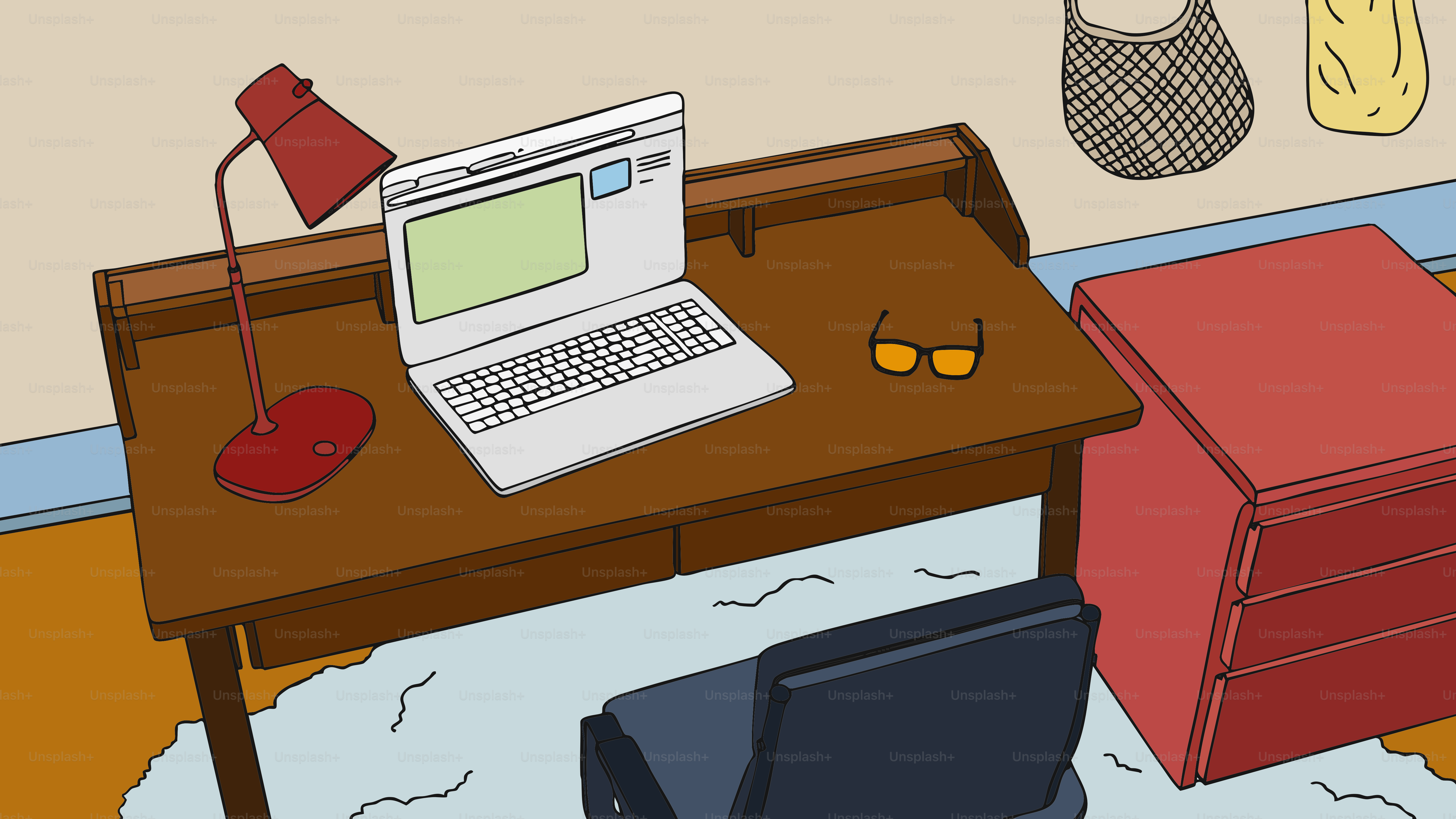 Der Laptop steht auf einem Schreibtisch mit einer roten Lampe