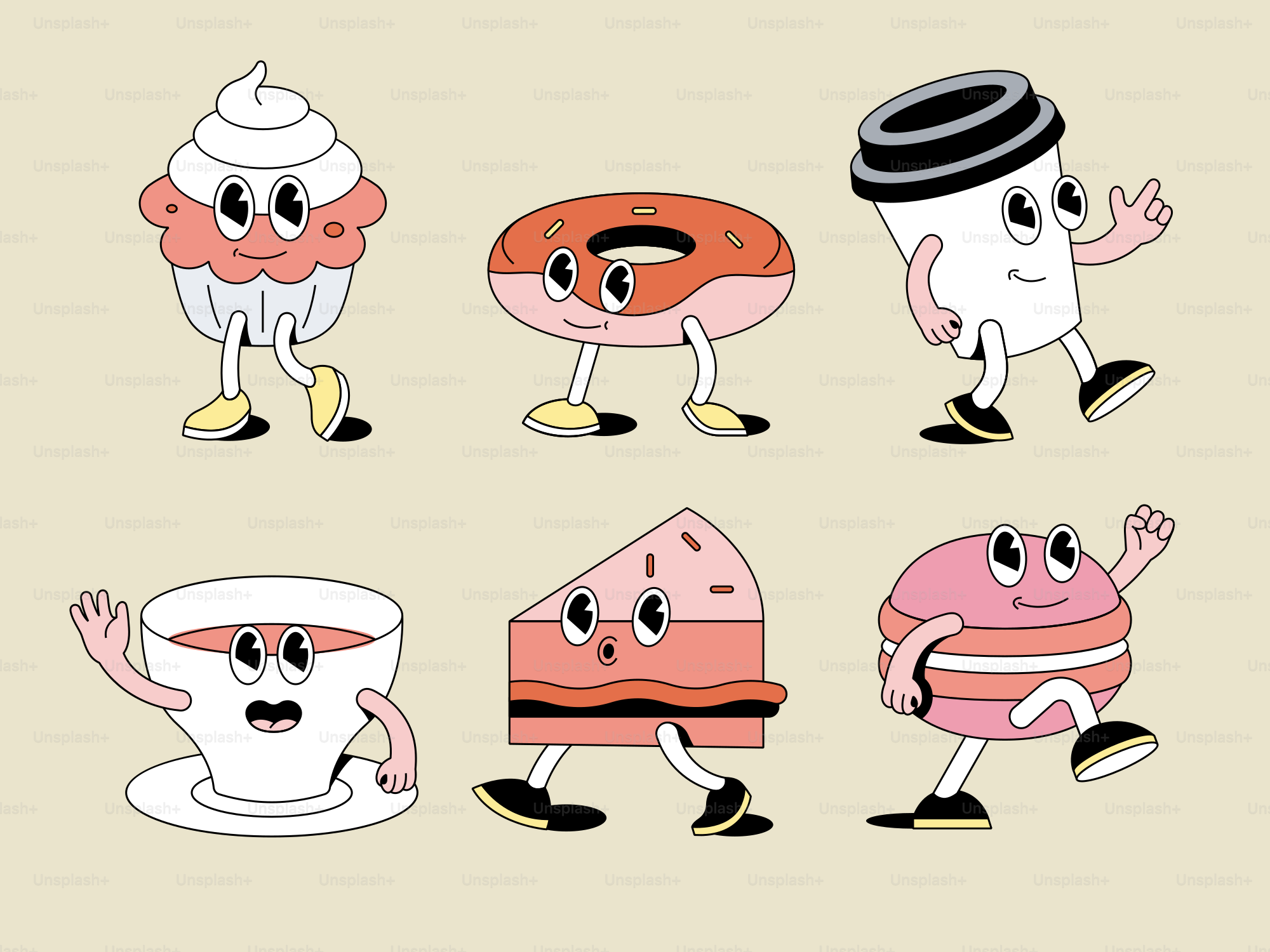 Cute dessert food items are smiling and walking.