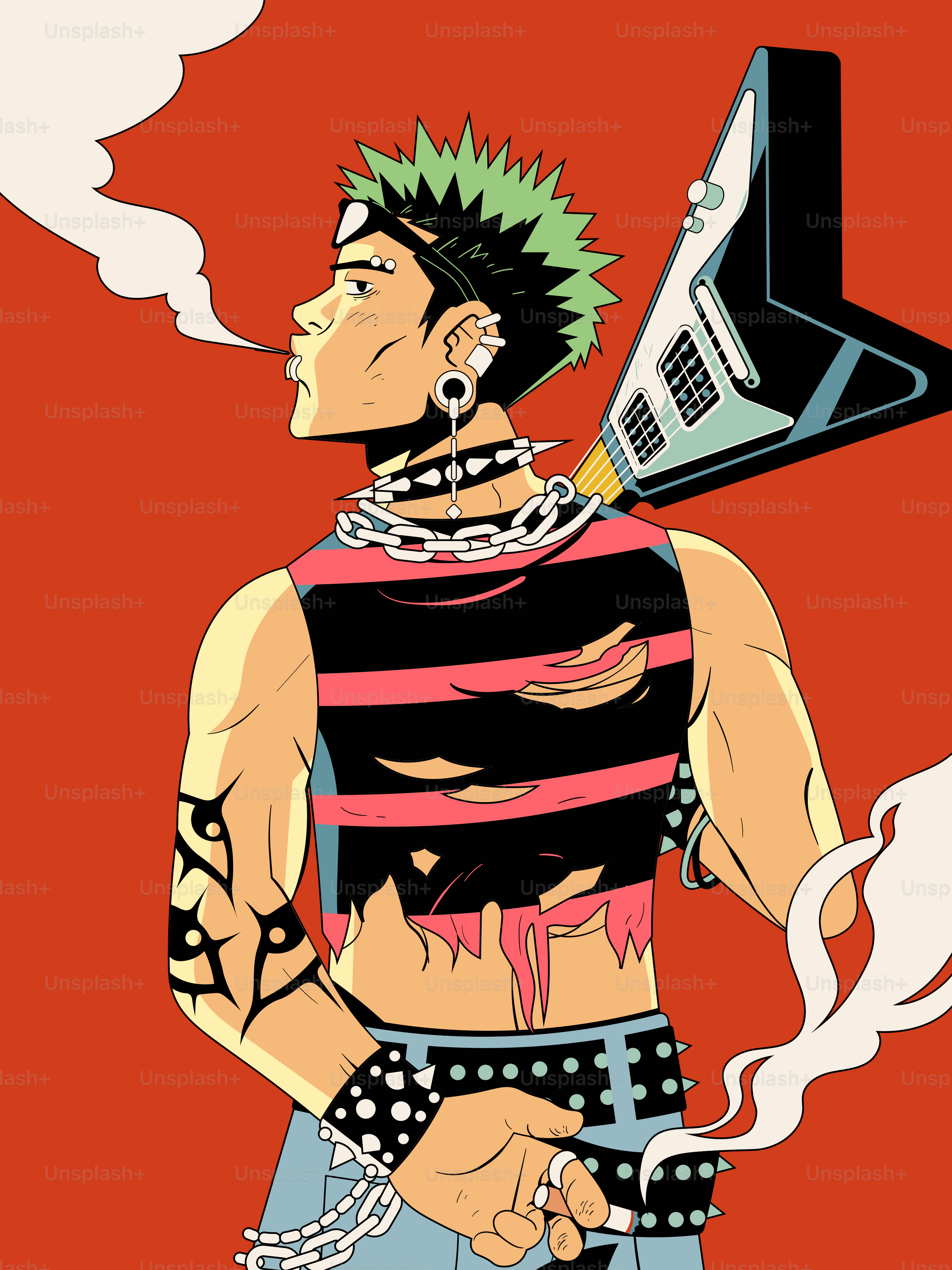 Punk rocker with a guitar smokes a cigarette. vector – Man Image on ...