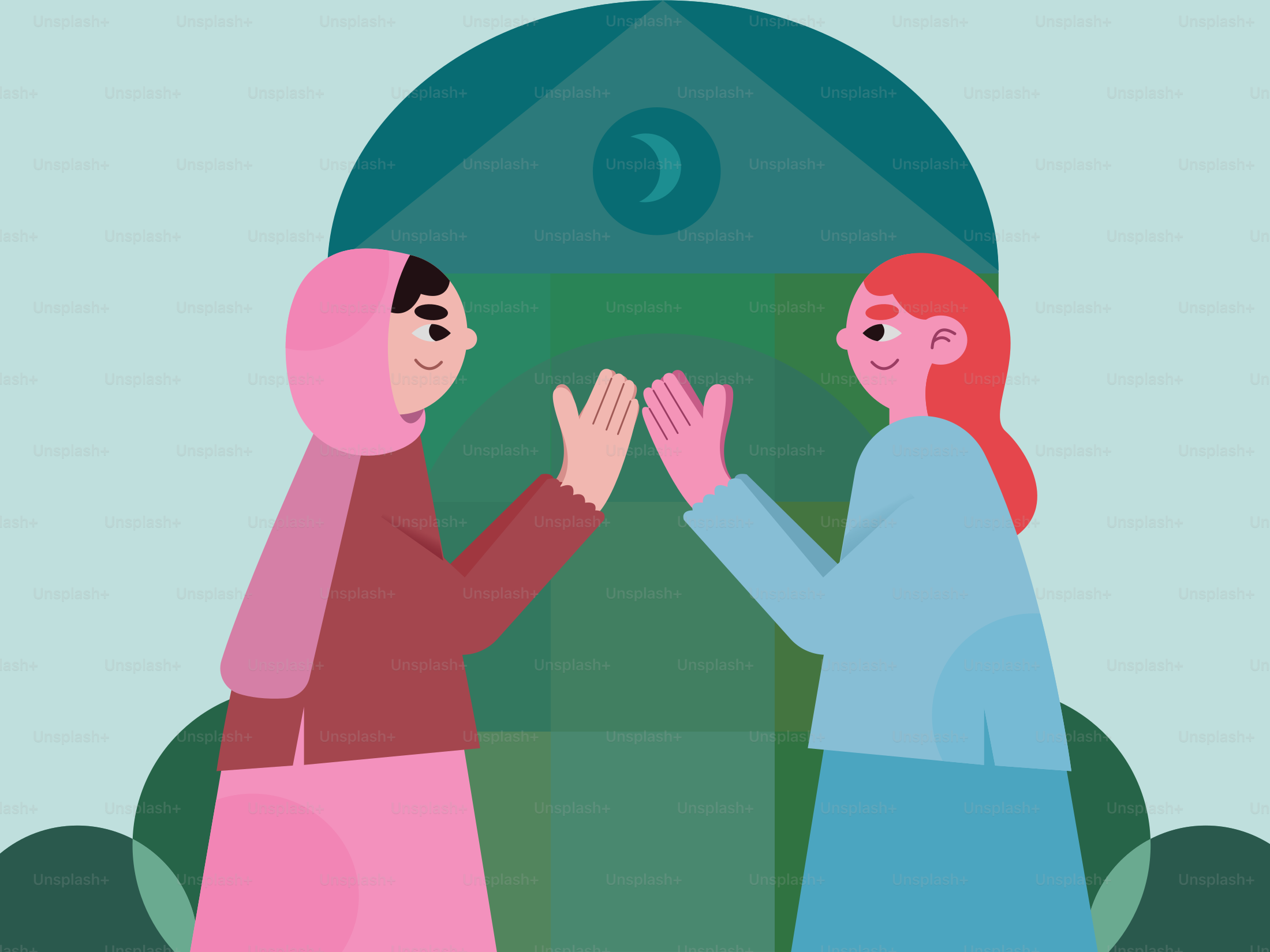 Women greet each other in front of a mosque.