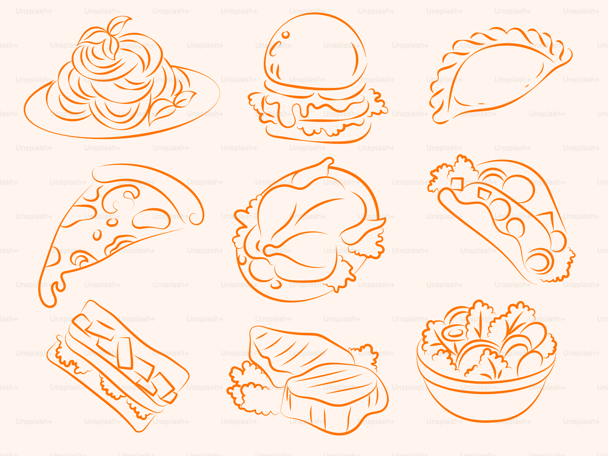 Outlined drawings of delicious food items.
