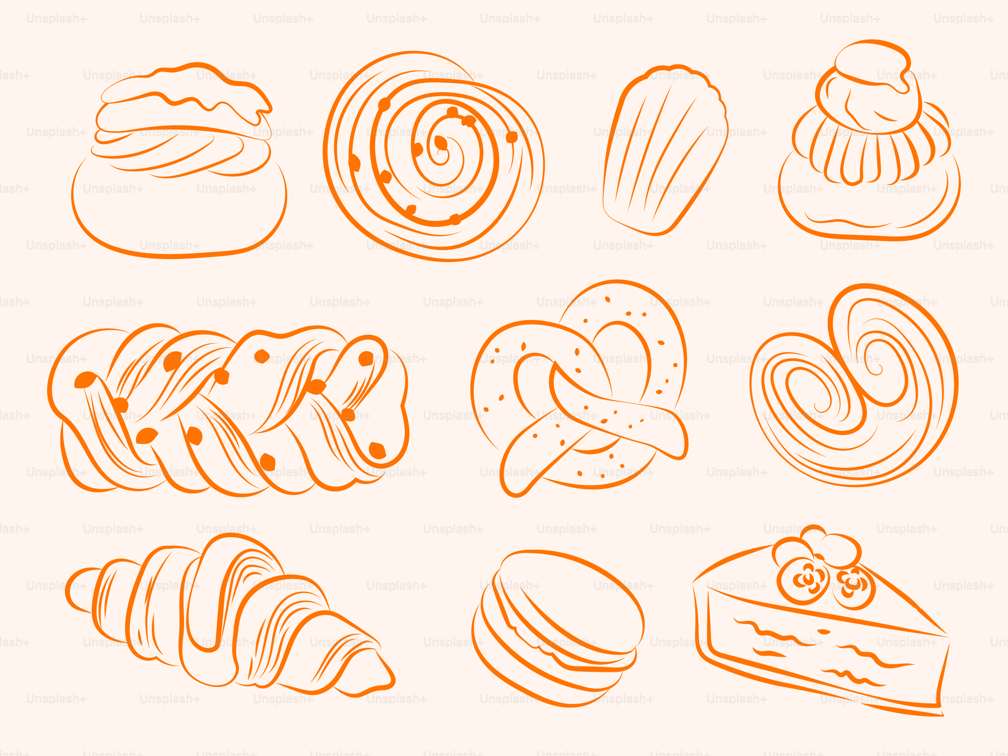 Various pastries and baked goods are illustrated here.