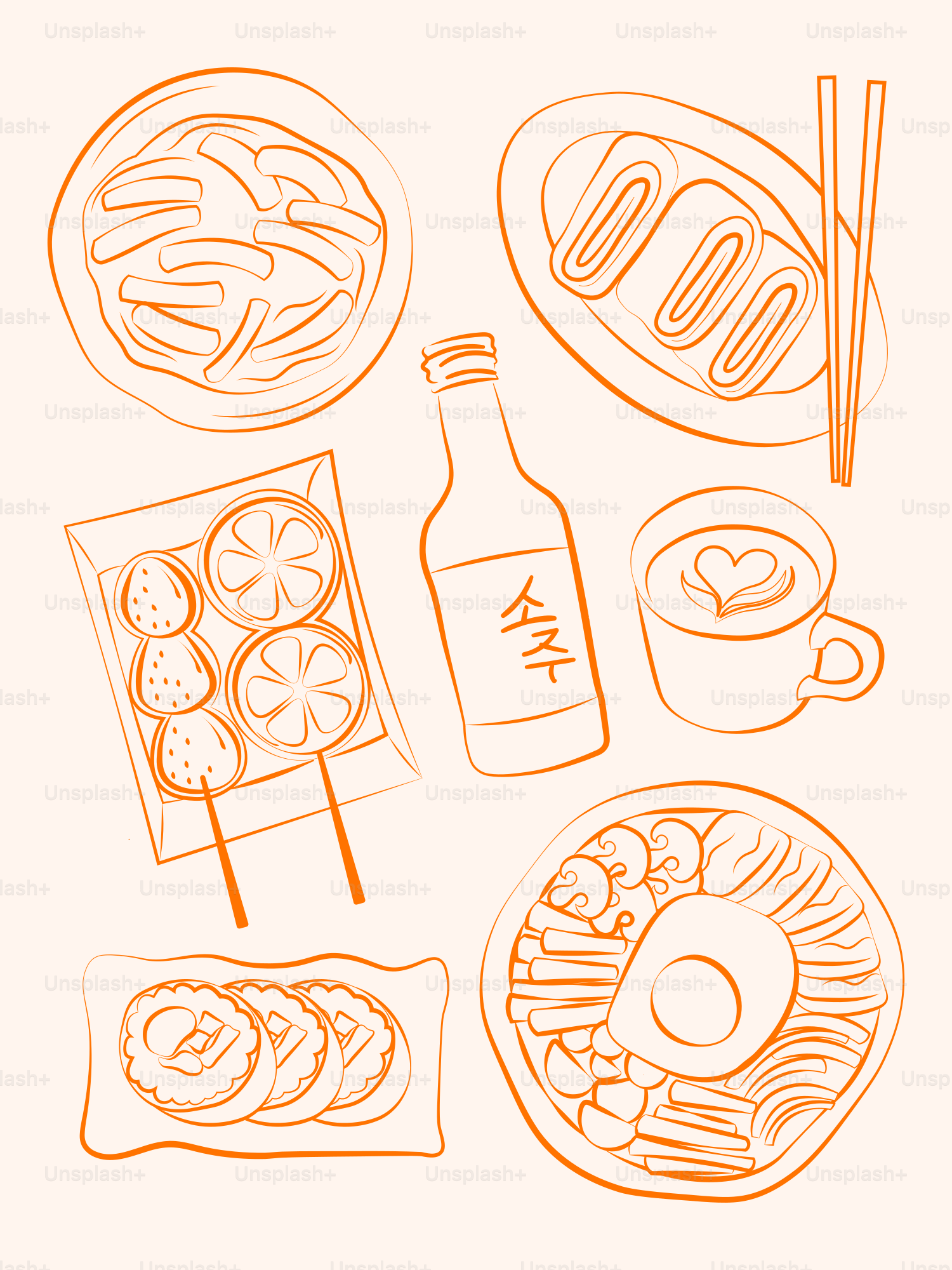 Korean food illustration with soju and other items.