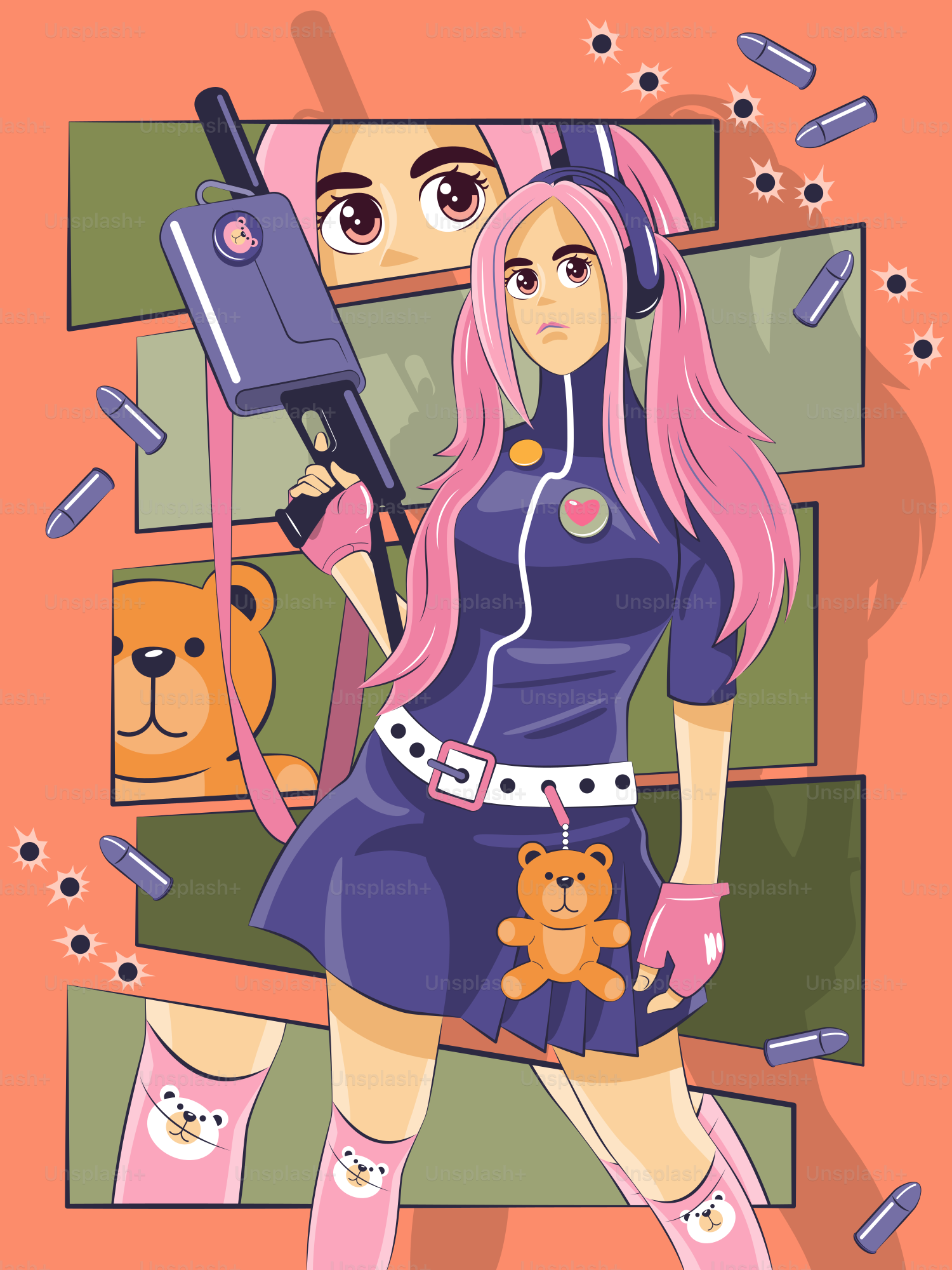 Anime-Mädchen mit einer Waffe und einem Teddybär.