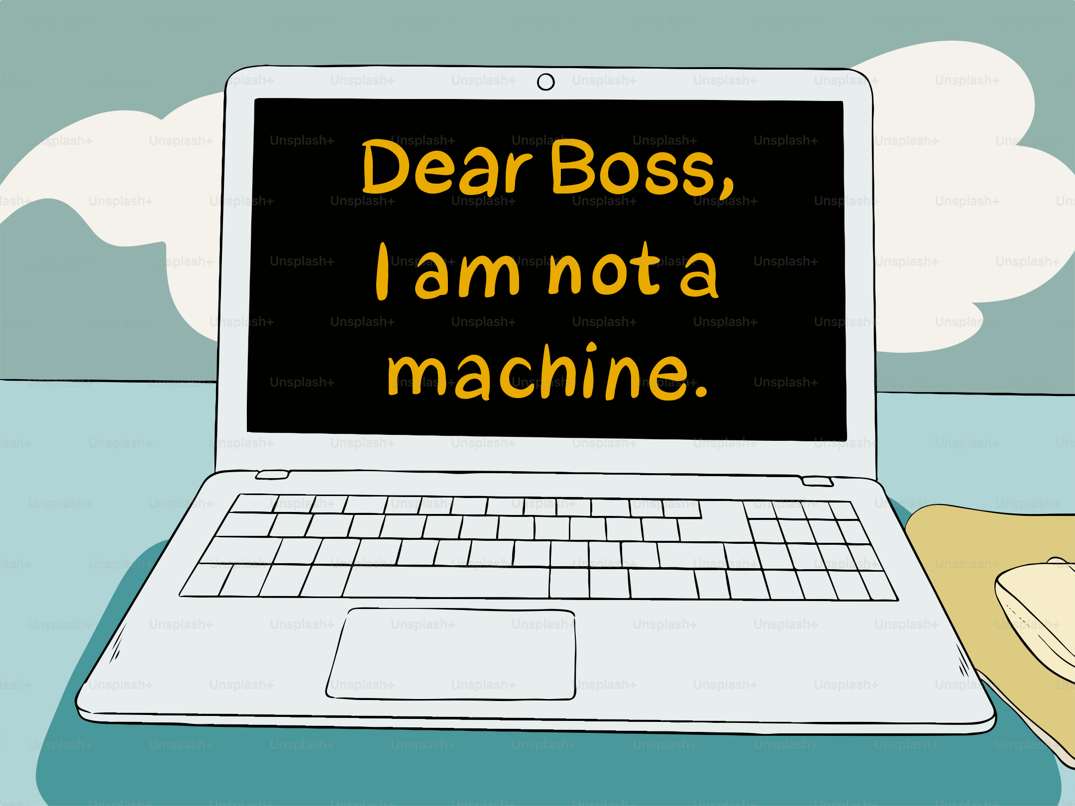 Laptop screen says, "i am not a machine."