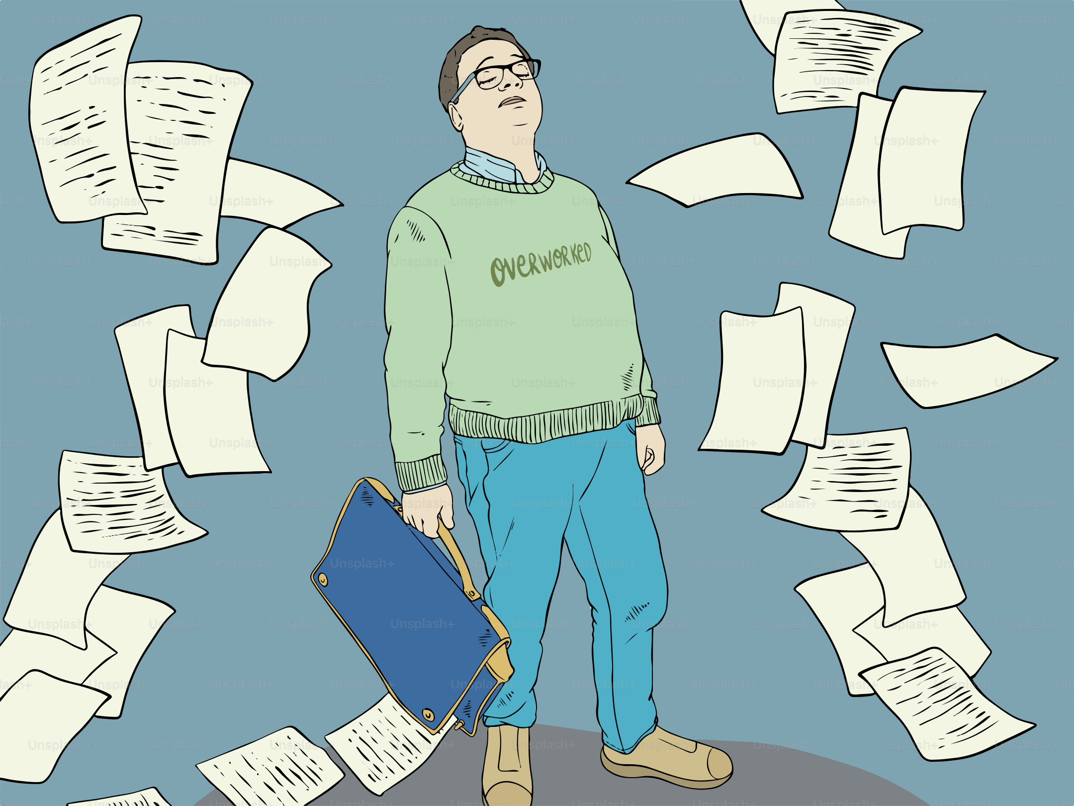 Overworked person overwhelmed by falling paperwork.