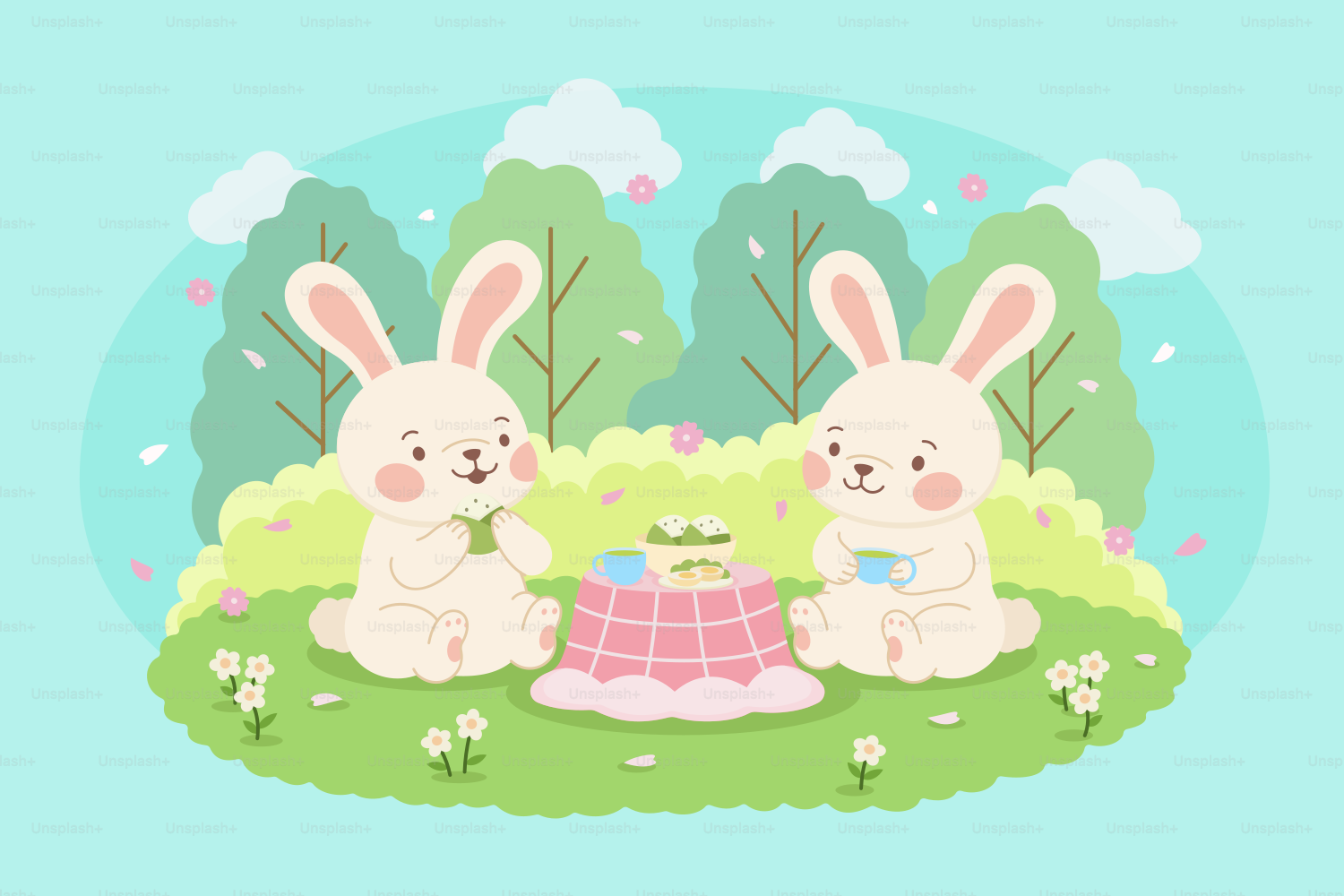 Two cute bunnies are having a tea party.
