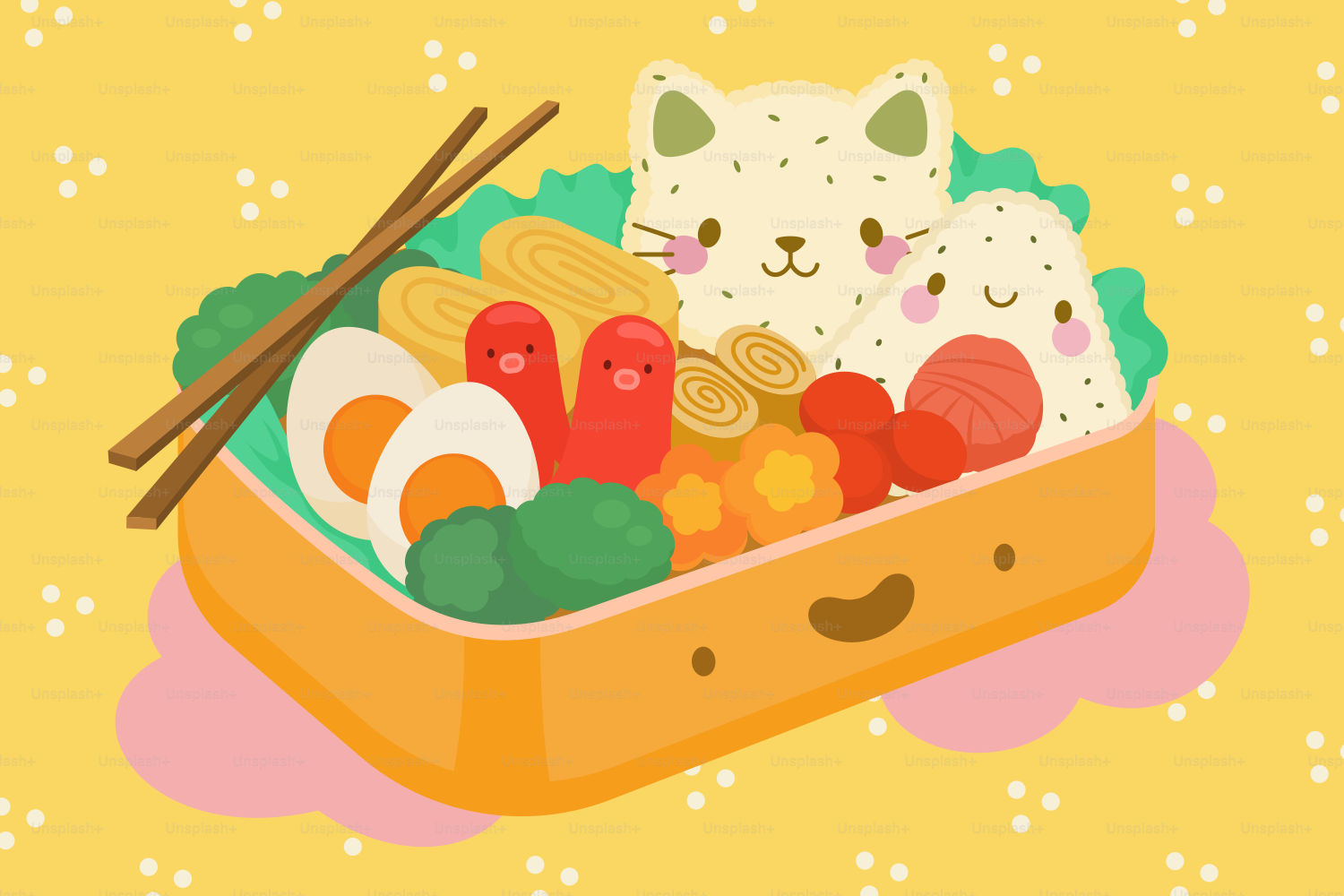 Cute bento box with various food items.