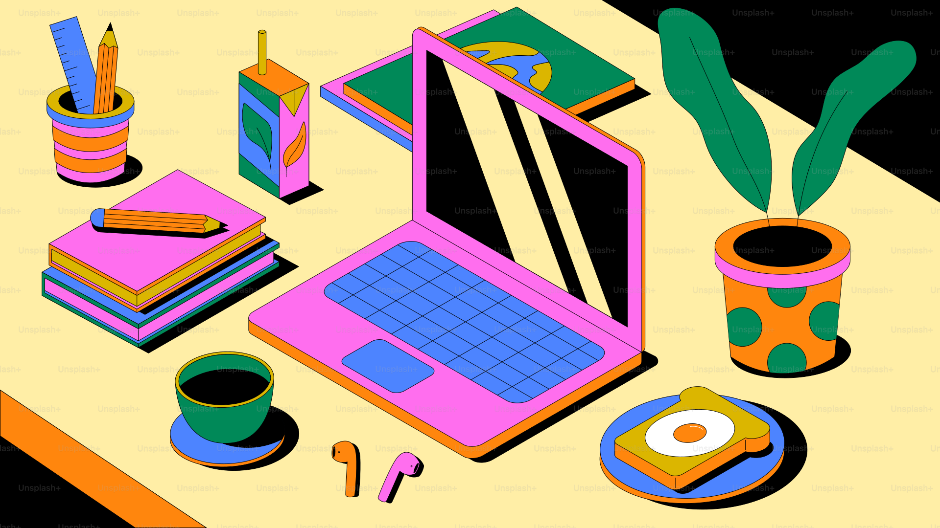 Ein farbenfroher und gemütlicher Arbeitsplatz mit Mittagessen.