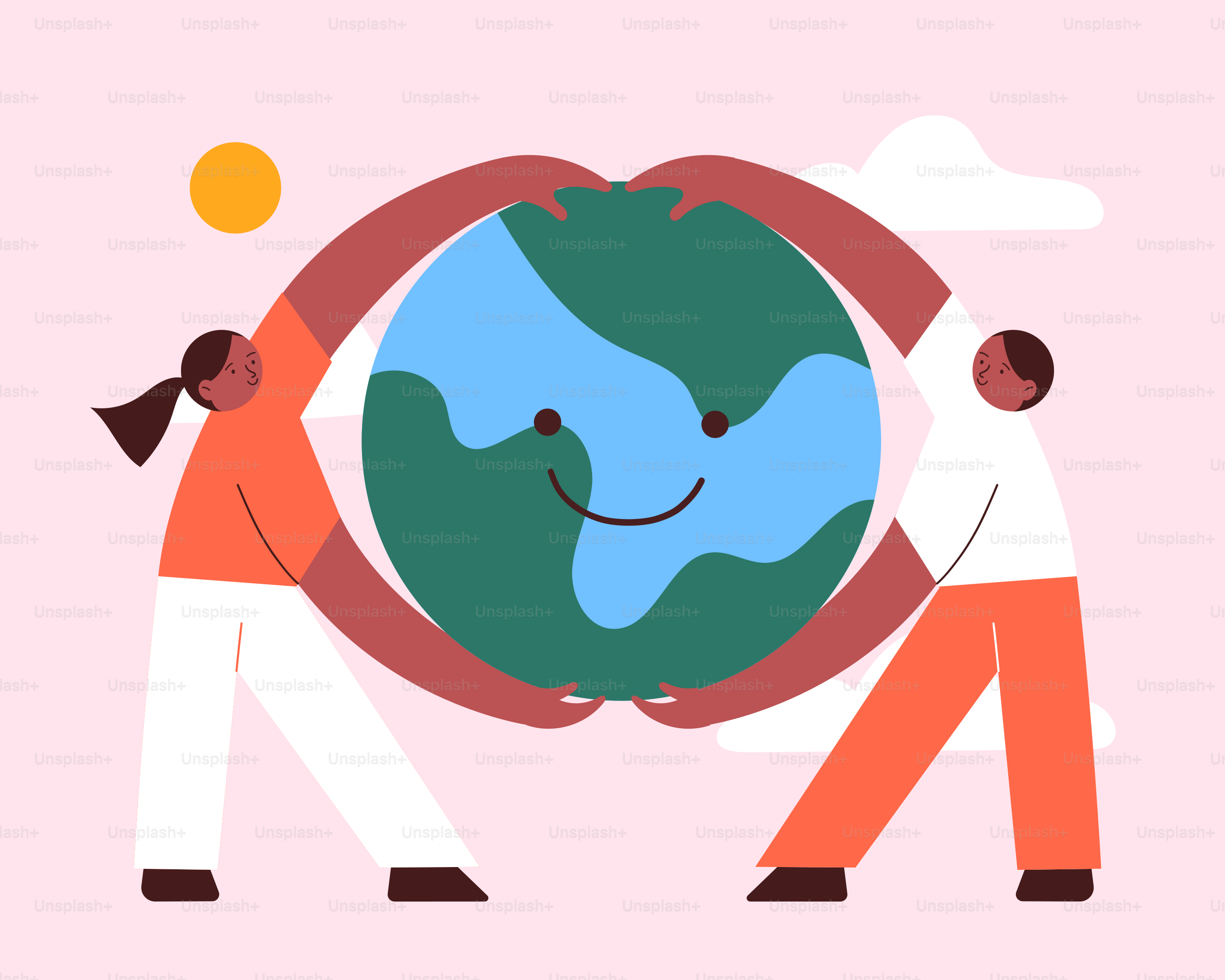 People are holding up a smiling earth.