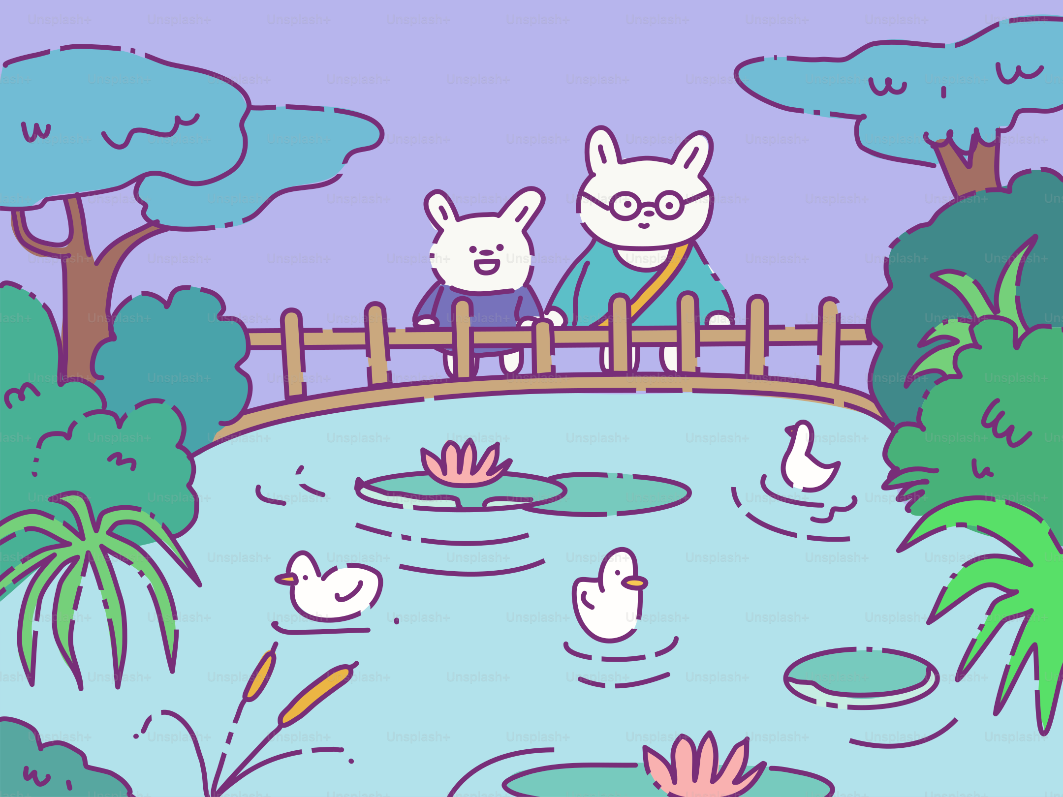 Two bunnies look at ducks in a peaceful pond.