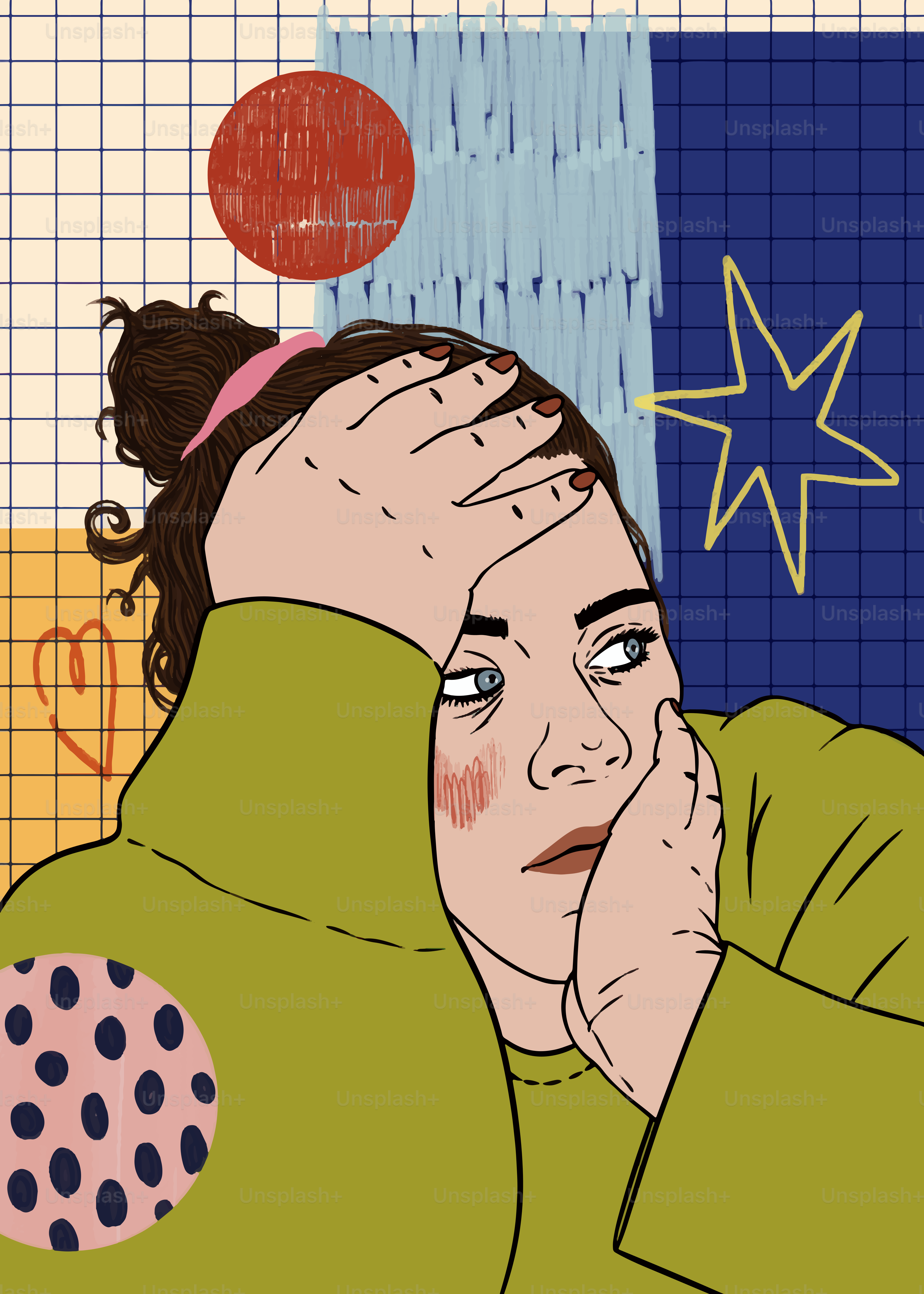 Eine besorgte Person mit kunstvollen Hintergrunddesigns.