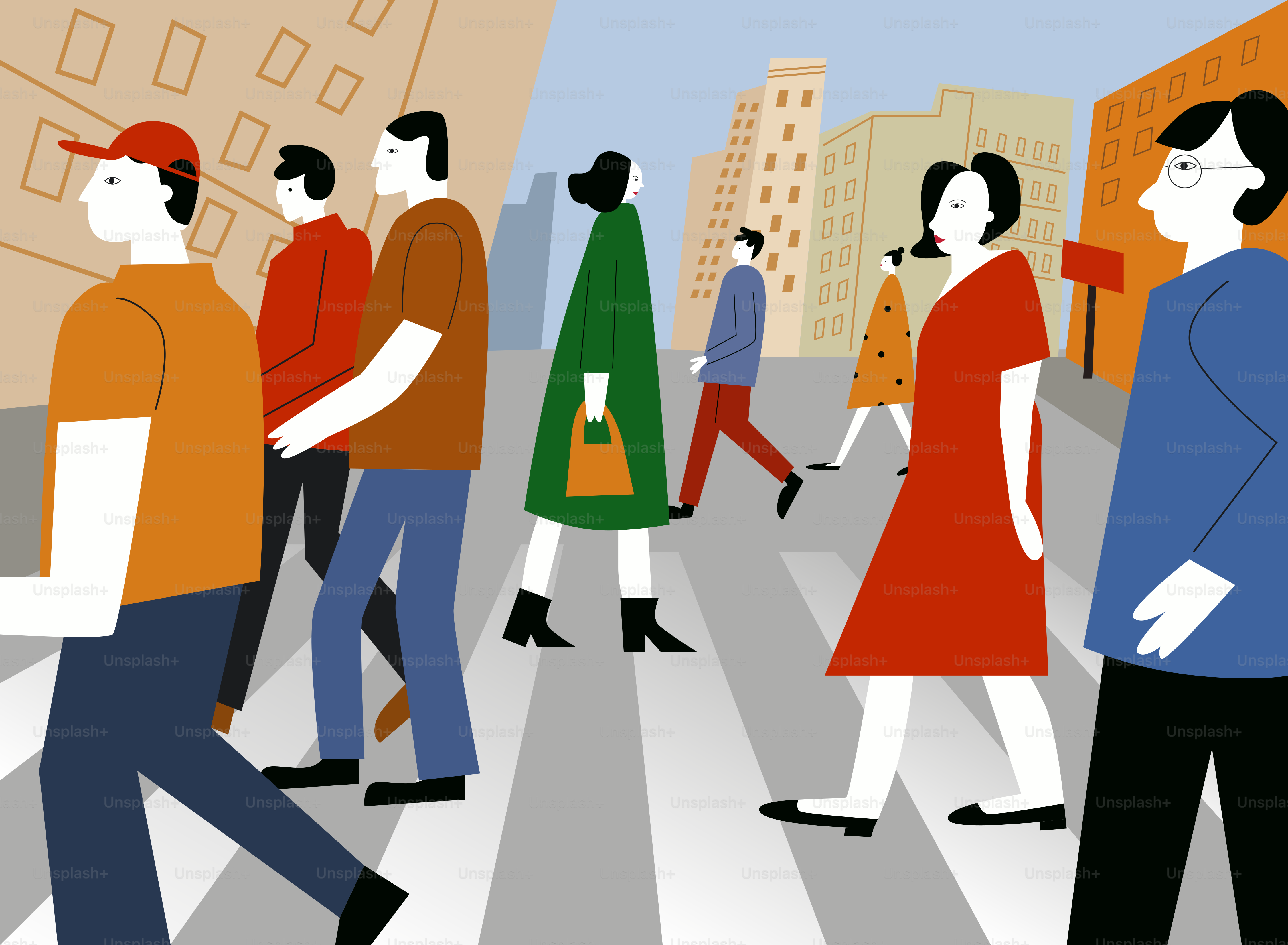 Menschen überqueren eine Straße in der Stadt an einem Zebrastreifen.