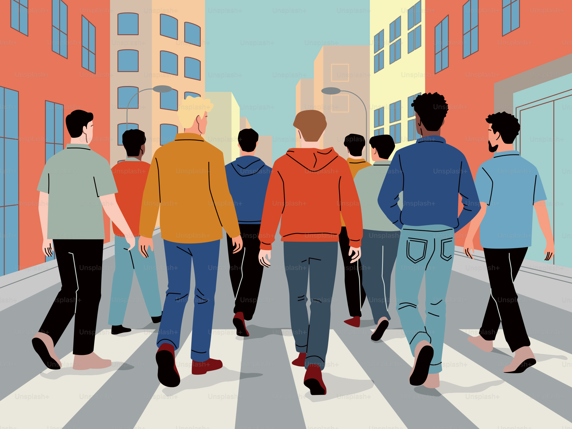 Eine Gruppe Männer läuft durch die Straßen der Stadt.