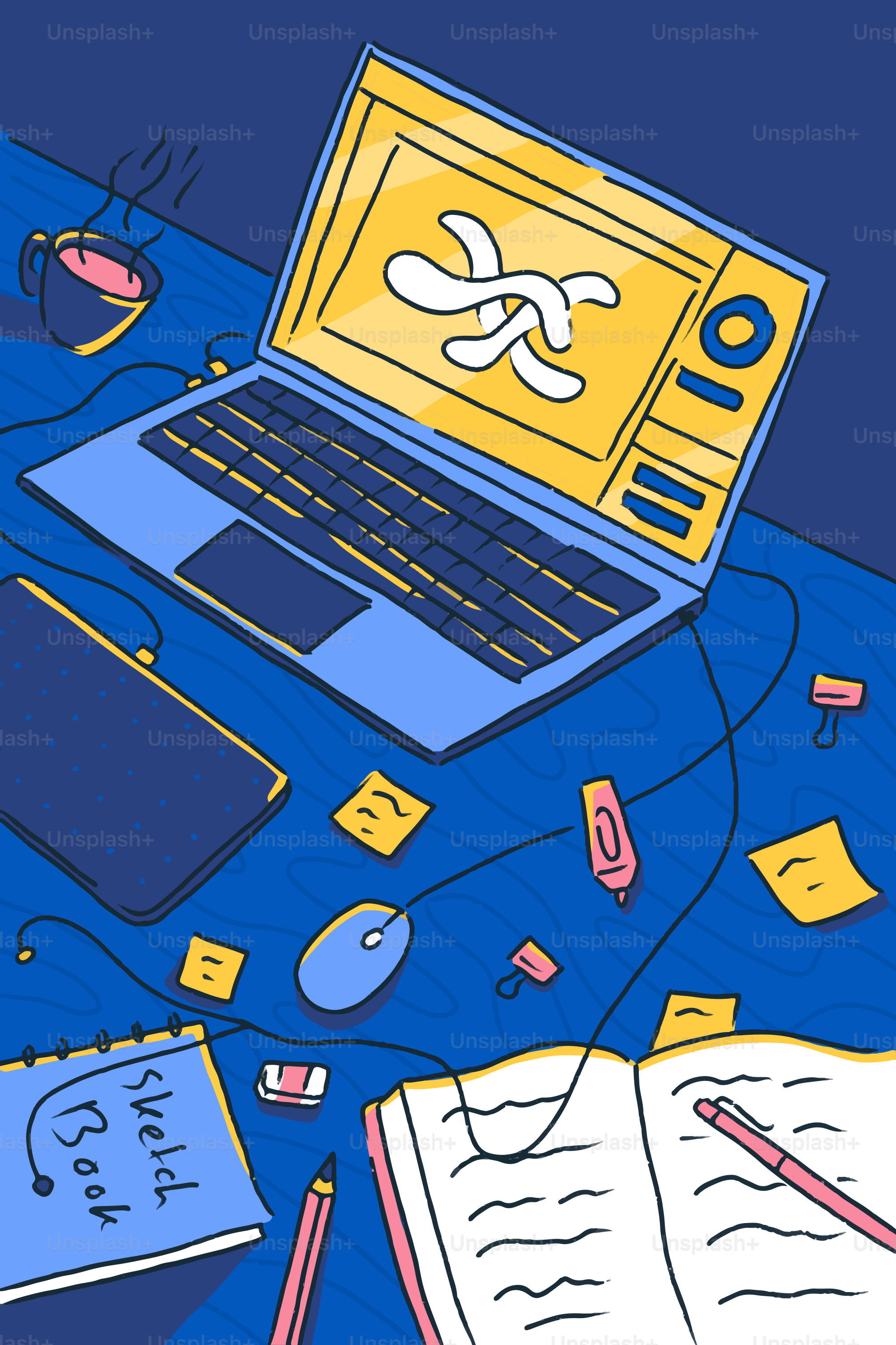 Un ordinateur portable, un carnet de croquis et d’autres outils sont posés sur un bureau.