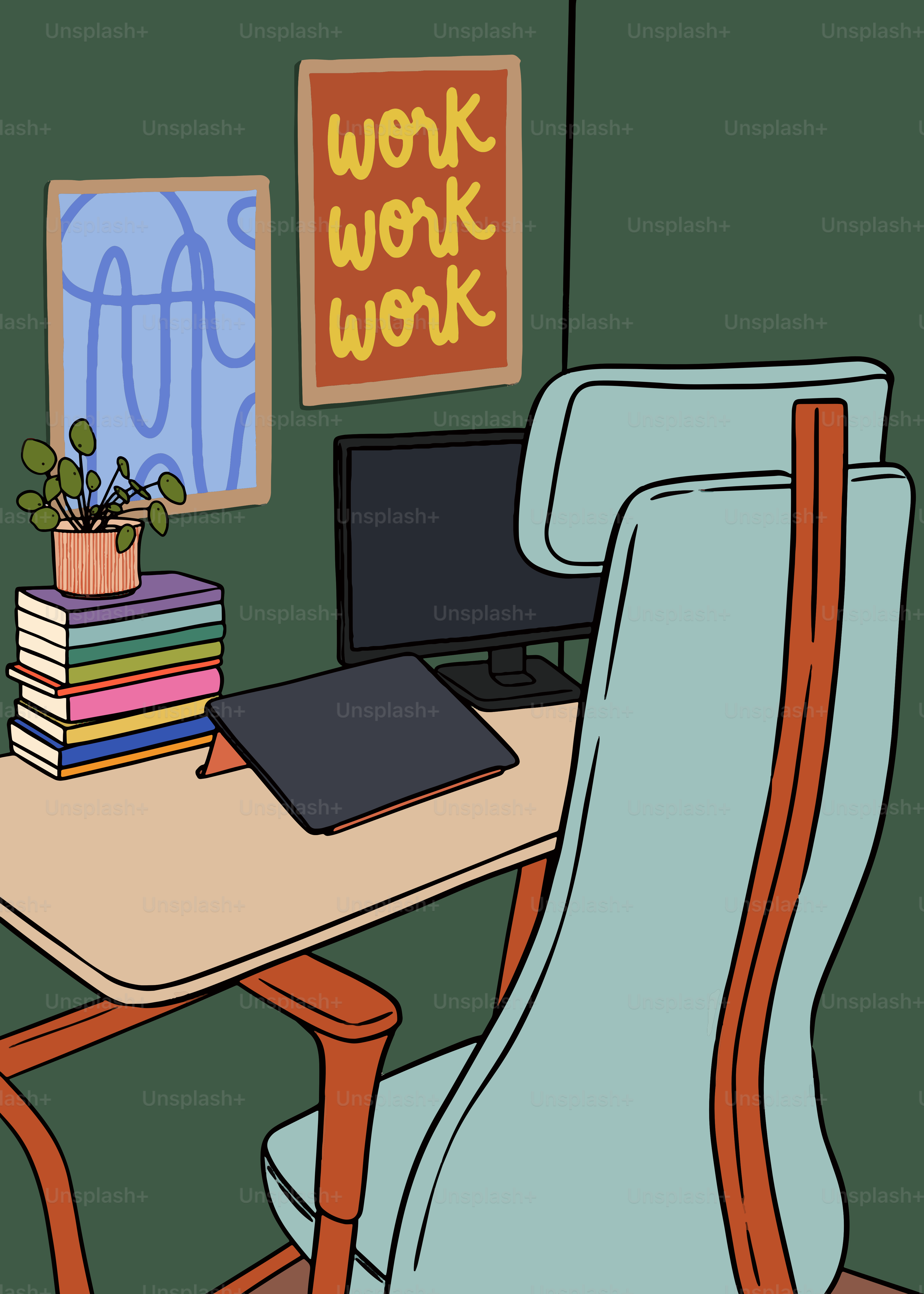 Cozy home office setup with books and posters.
