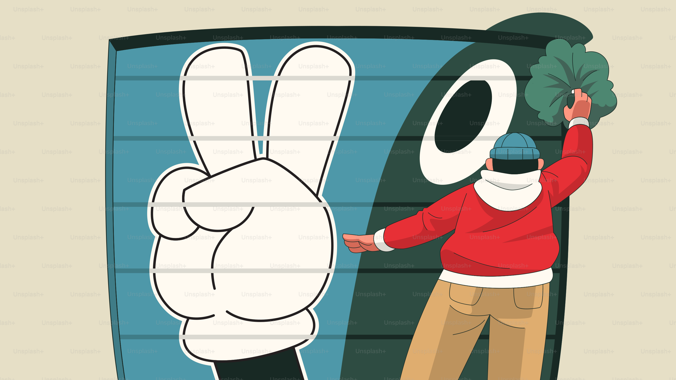 L’homme pose des feuilles sur une main géante.