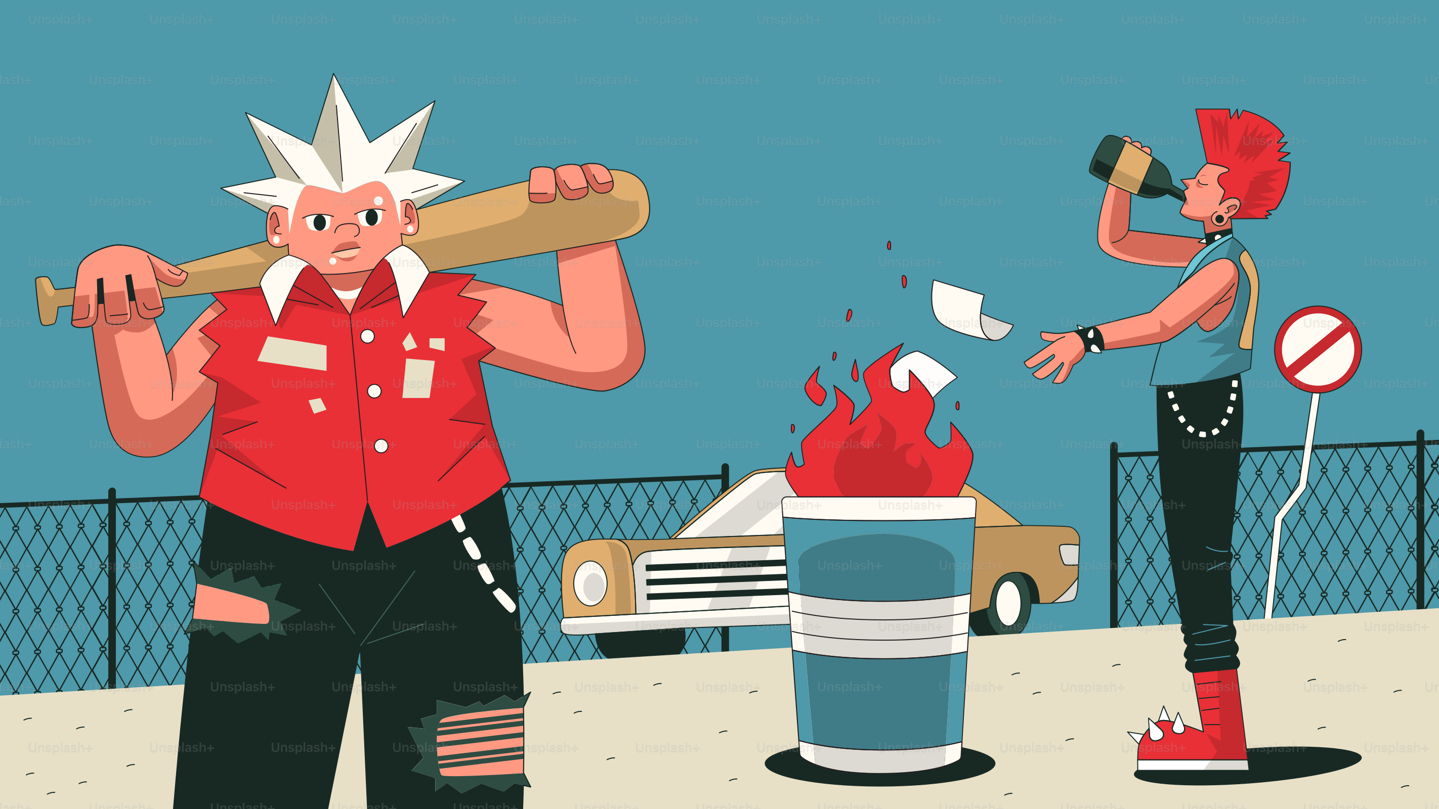 Punks with a bat and bottle cause some chaos.