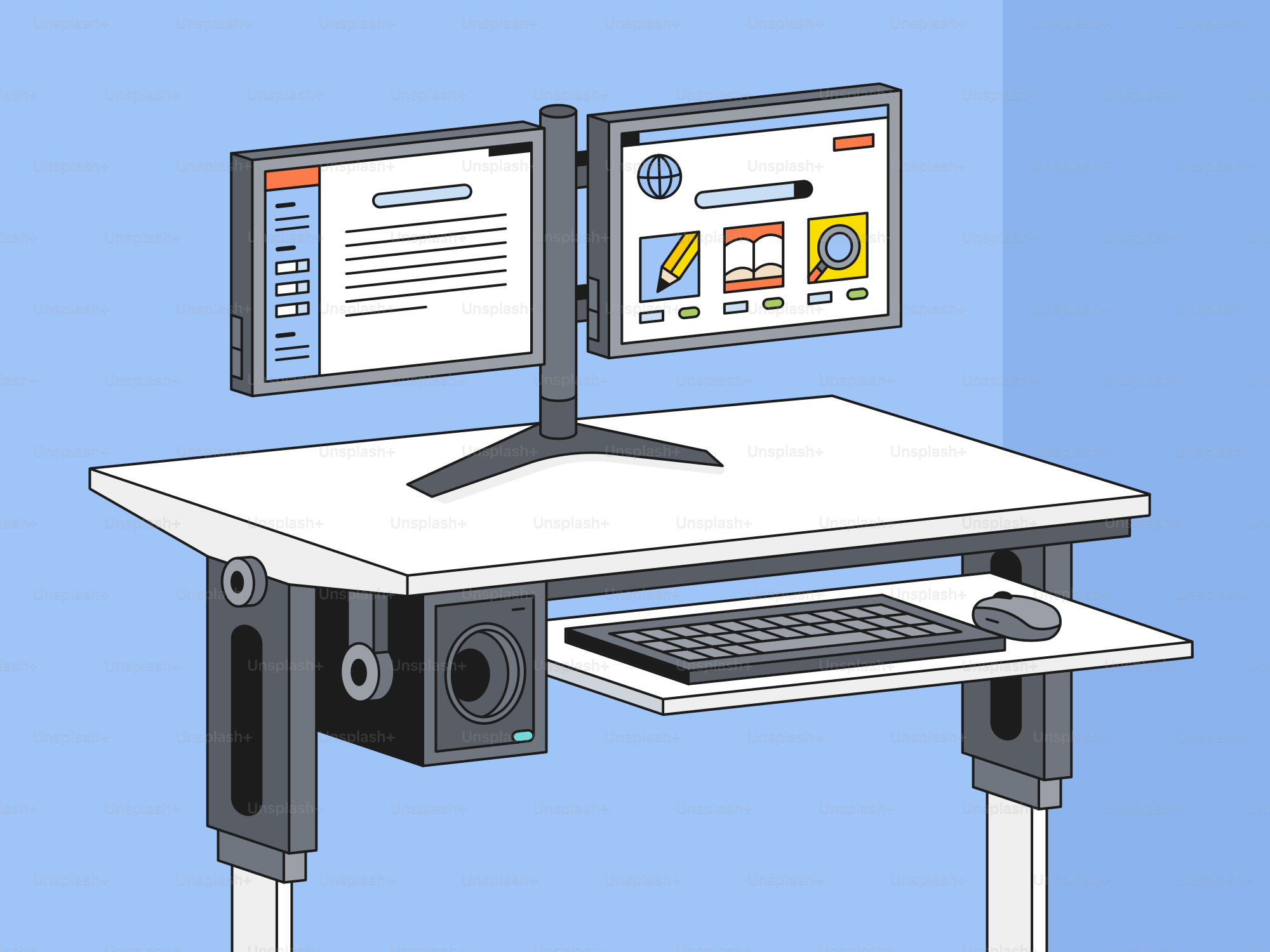 A modern desk with dual monitors and accessories.