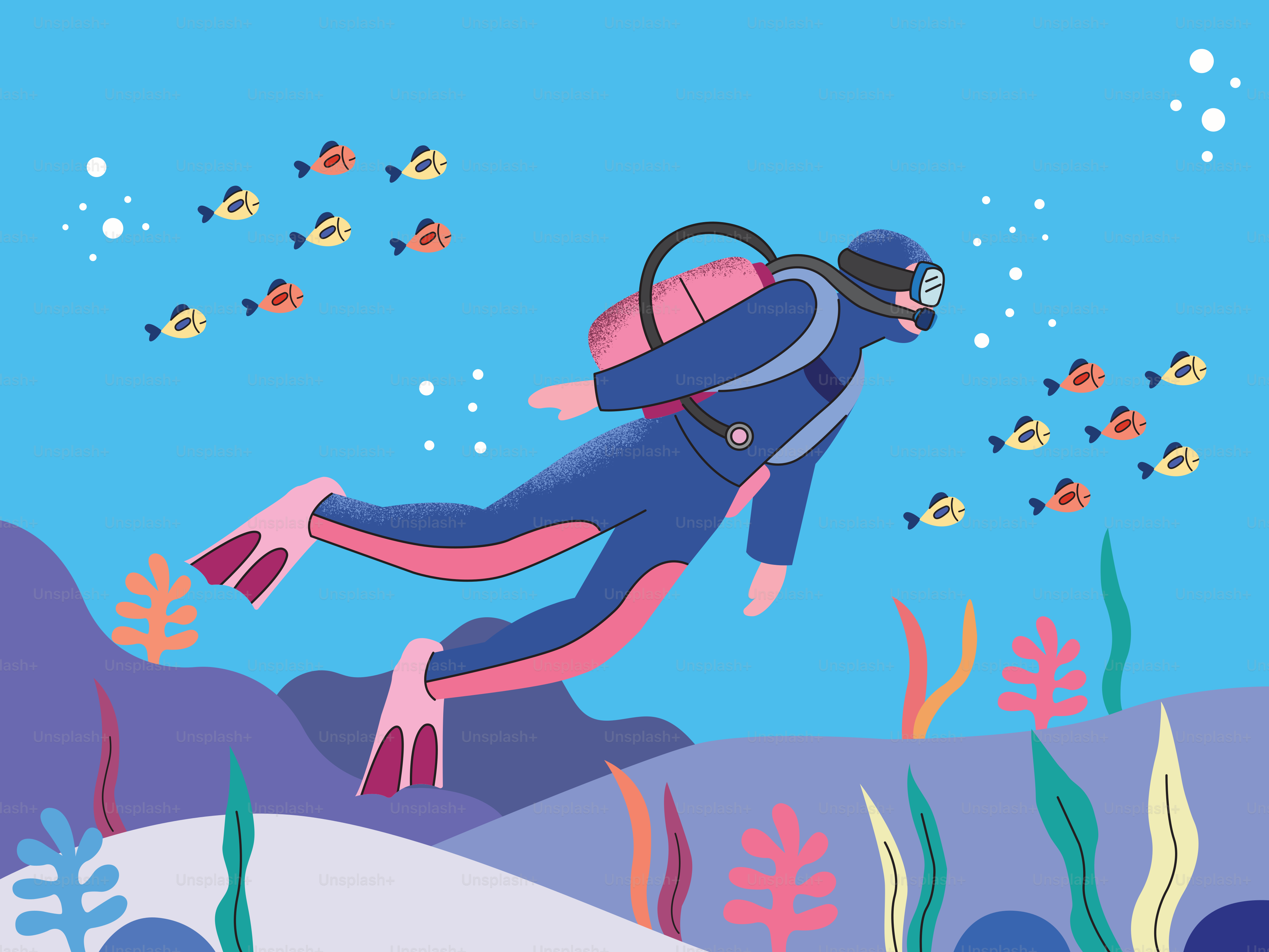 A diver explores underwater with colorful fish.