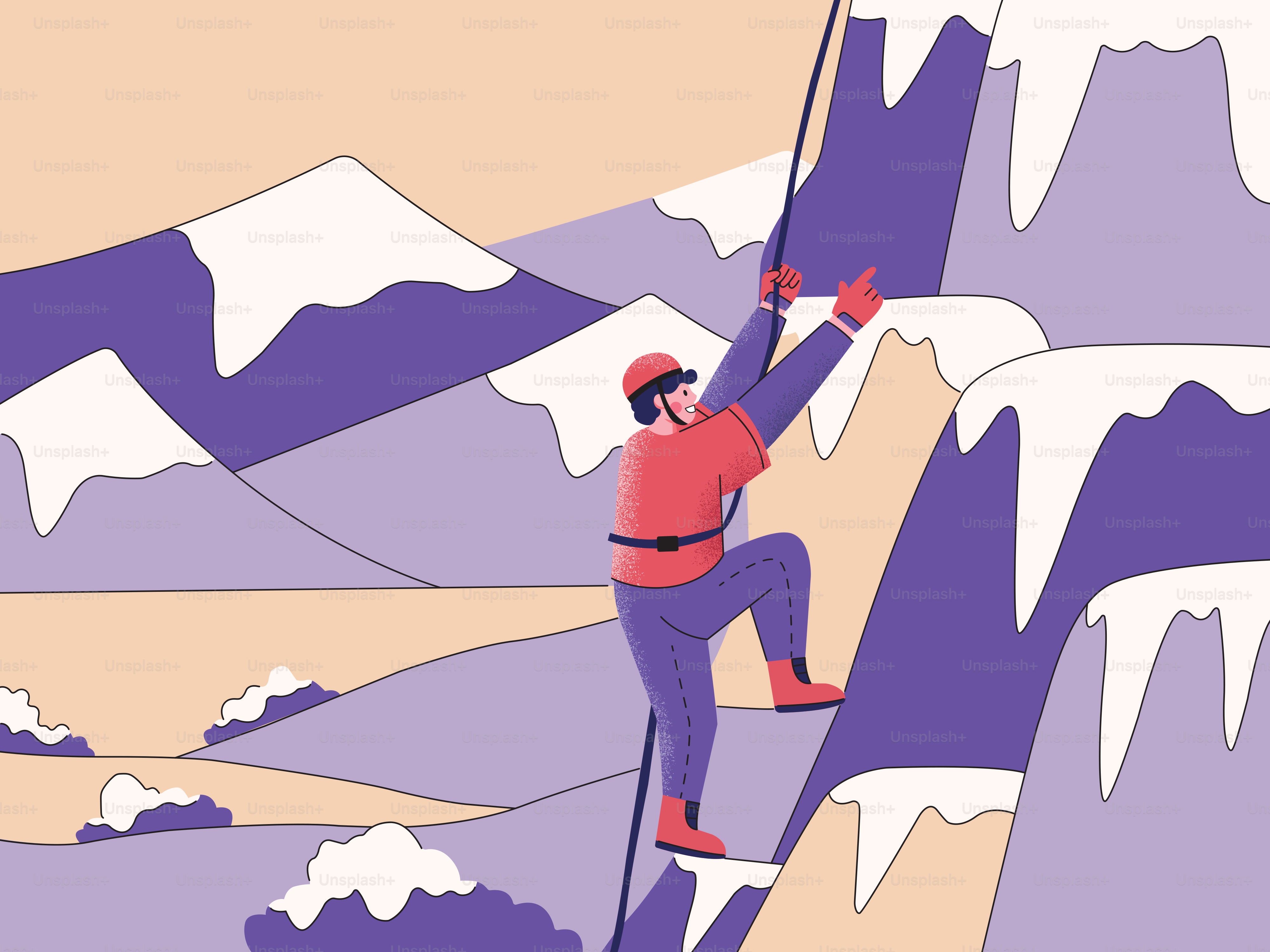 A mountain climber ascends a rocky snow-capped peak.