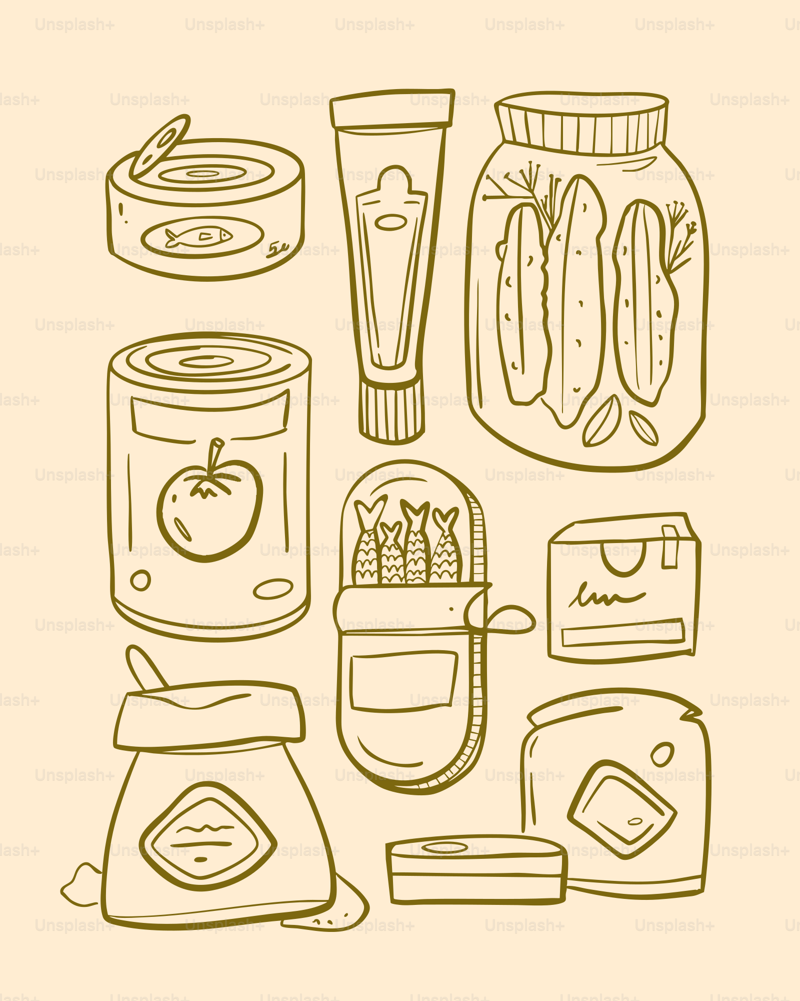 Illustration depicts a collection of preserved foods.