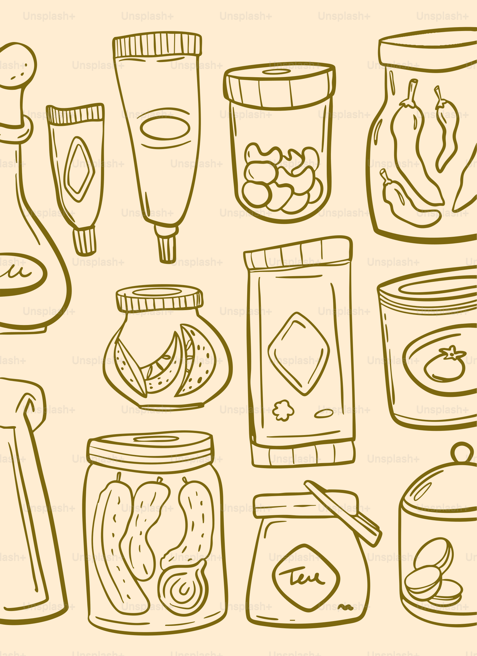 Drawn images of various packaged food items.