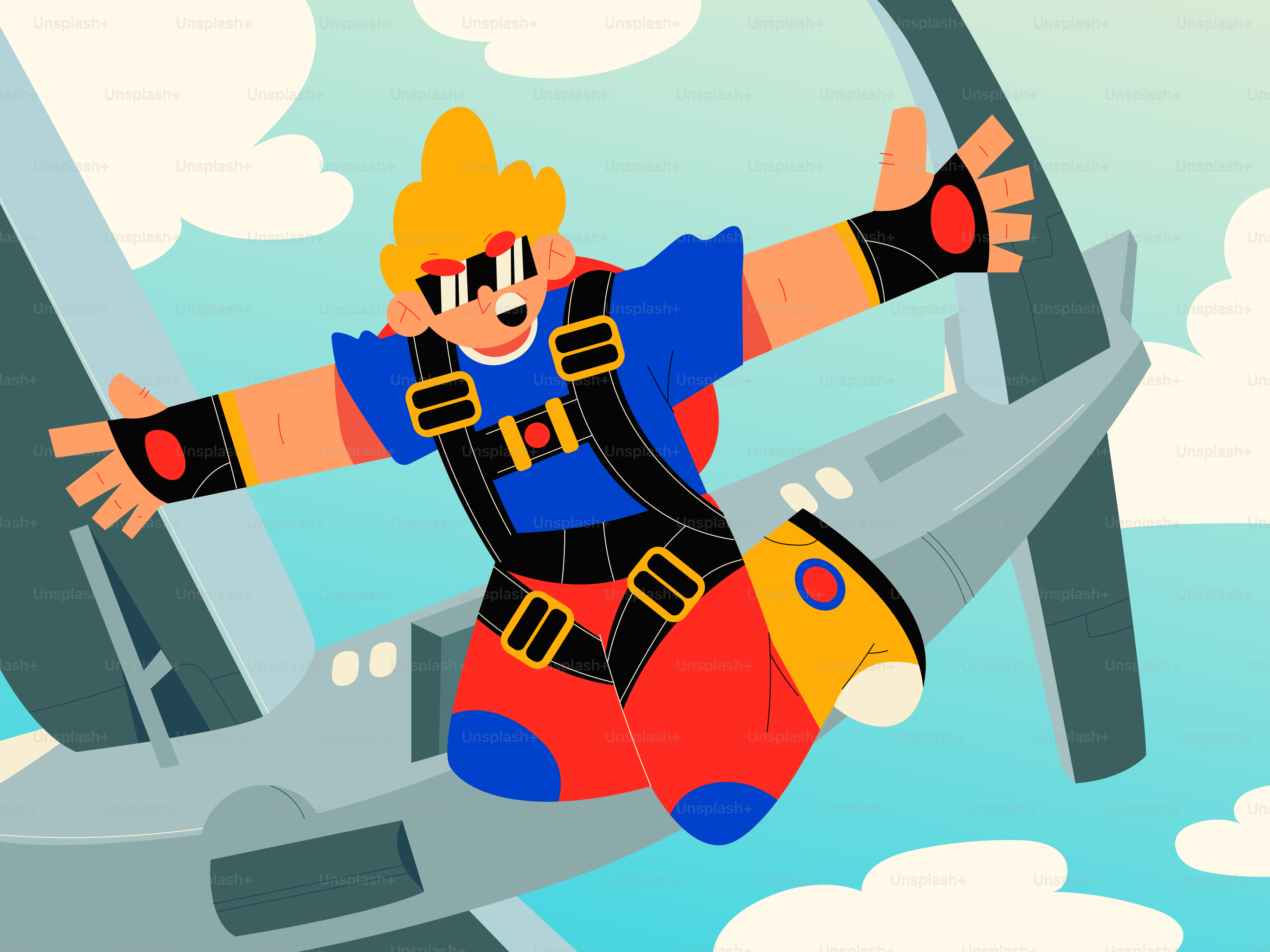 A cartoon jumper takes the plunge from an airplane.