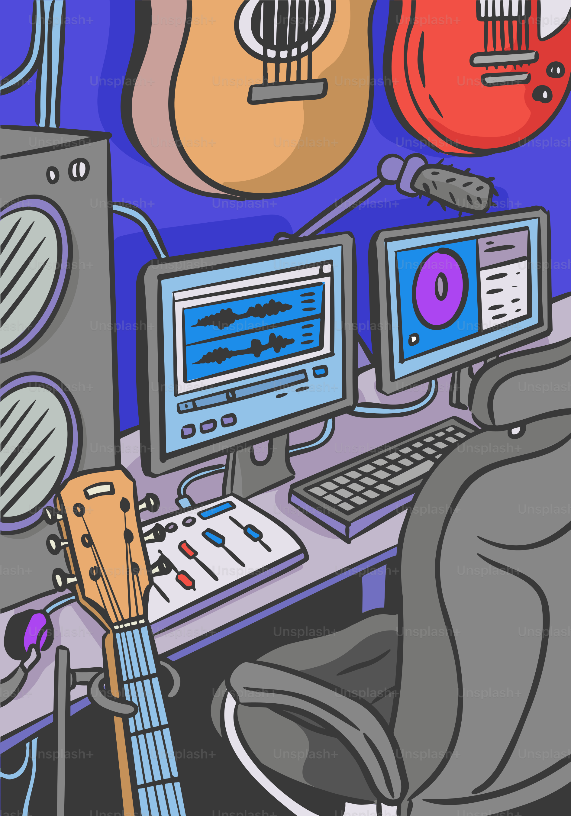 A music studio is set up with guitars and computers.