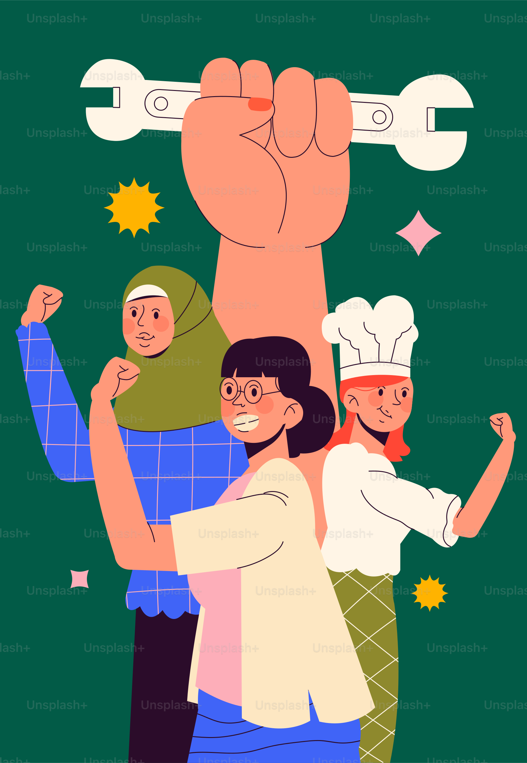 Women of different professions stand strong together.